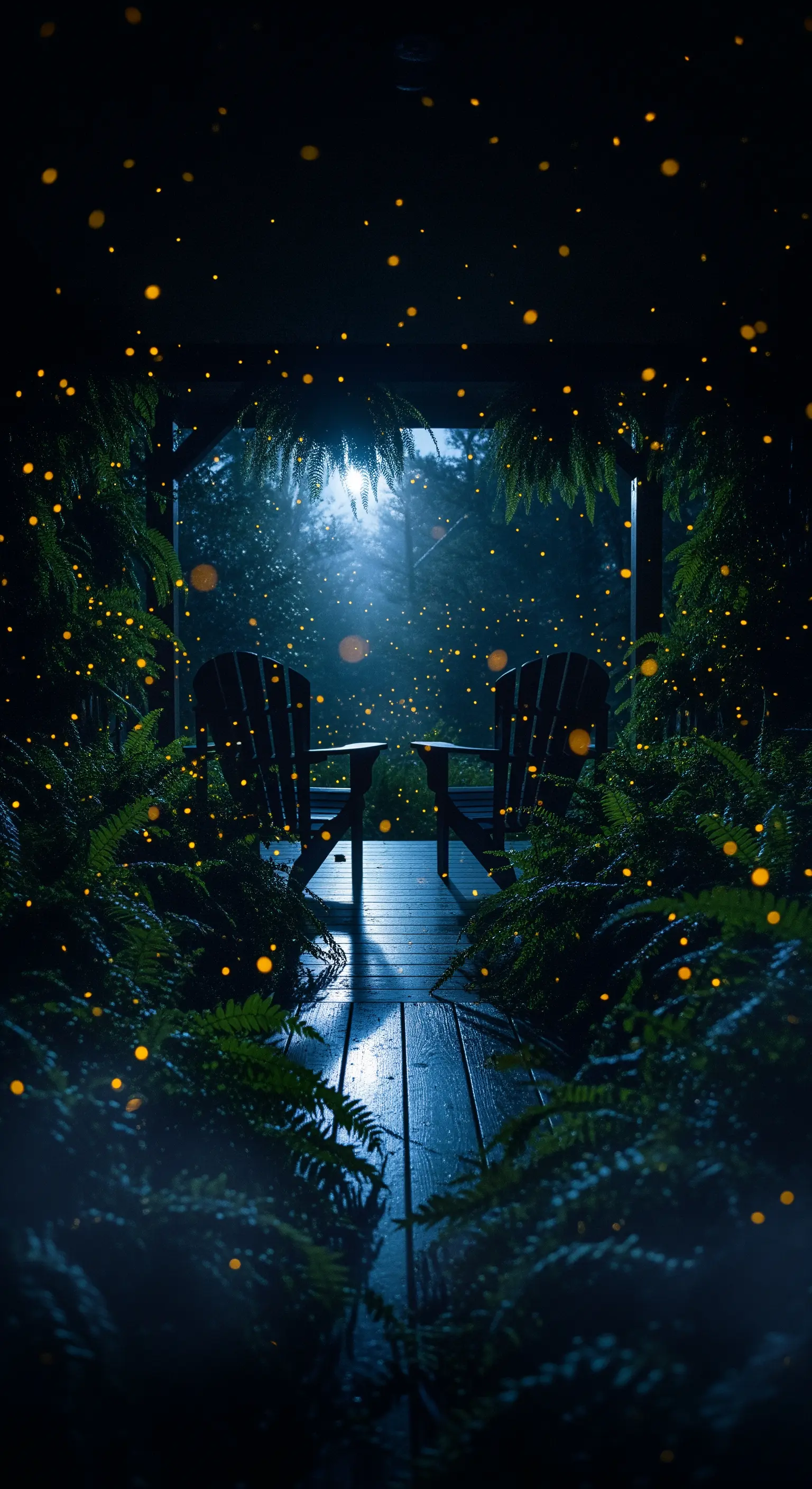 Dunkle Veranda mit Farnen, Stühlen und Glühwürmchen-Lichtern
