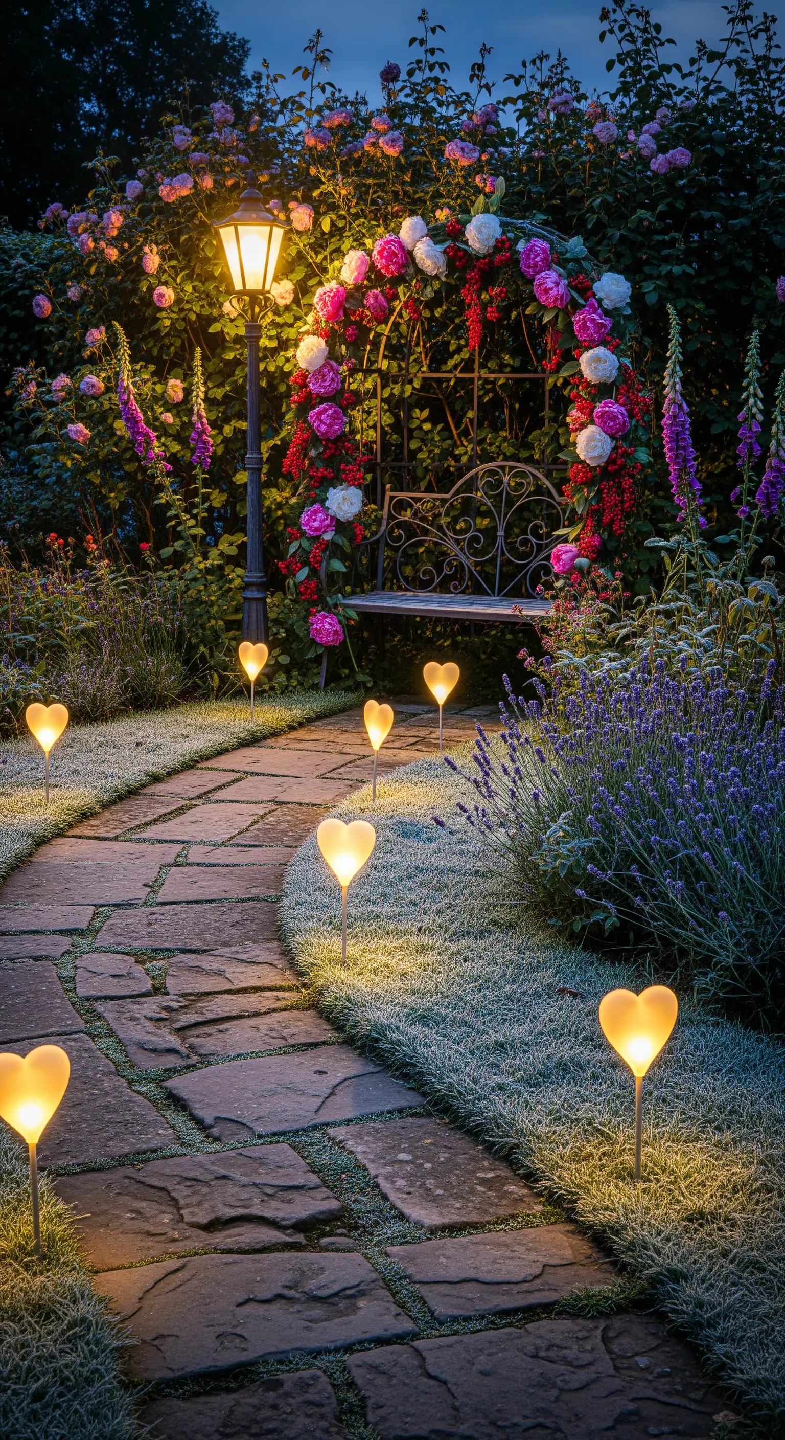 Gartenweg mit Herzlichtern, beleuchtetem Rosenbogen und Laterne.