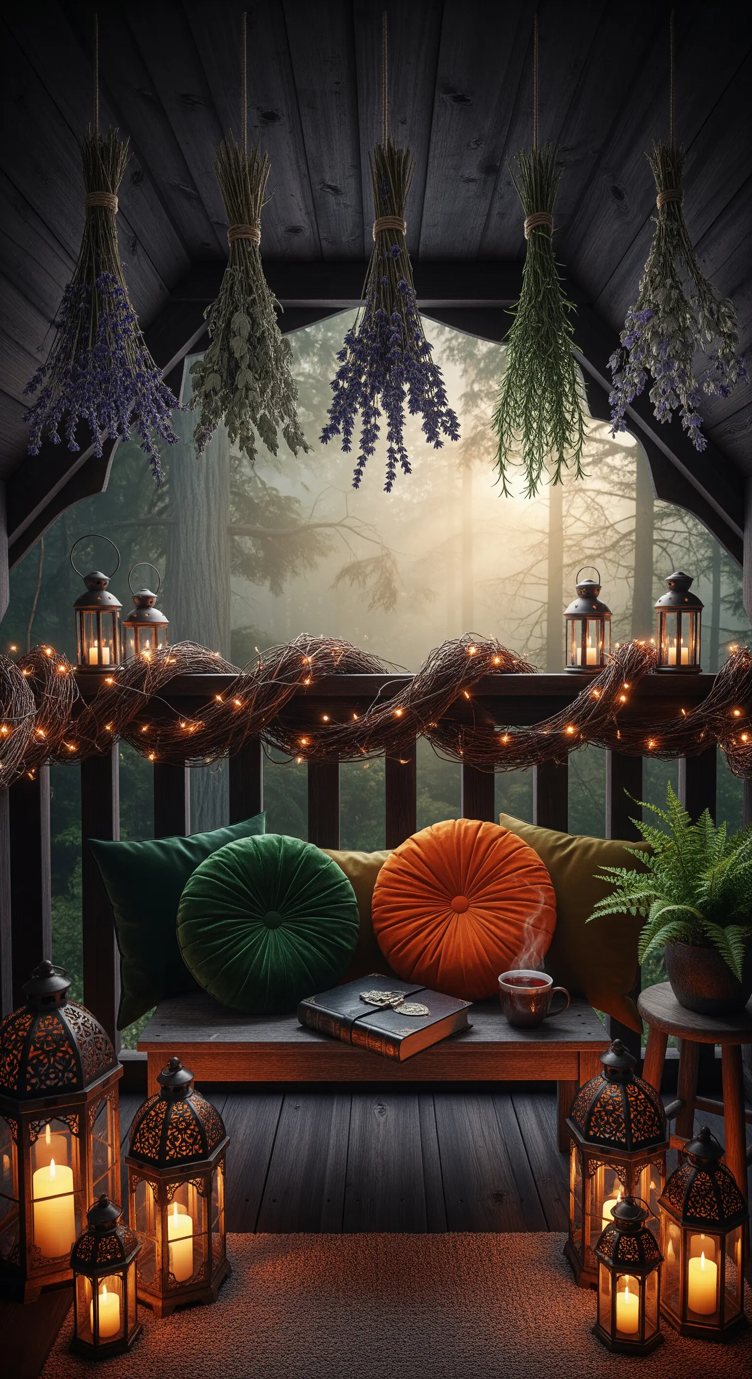Balkon mit hängenden Kräutern, Lichterkette, Laternen und Sitzbank mit Kissen