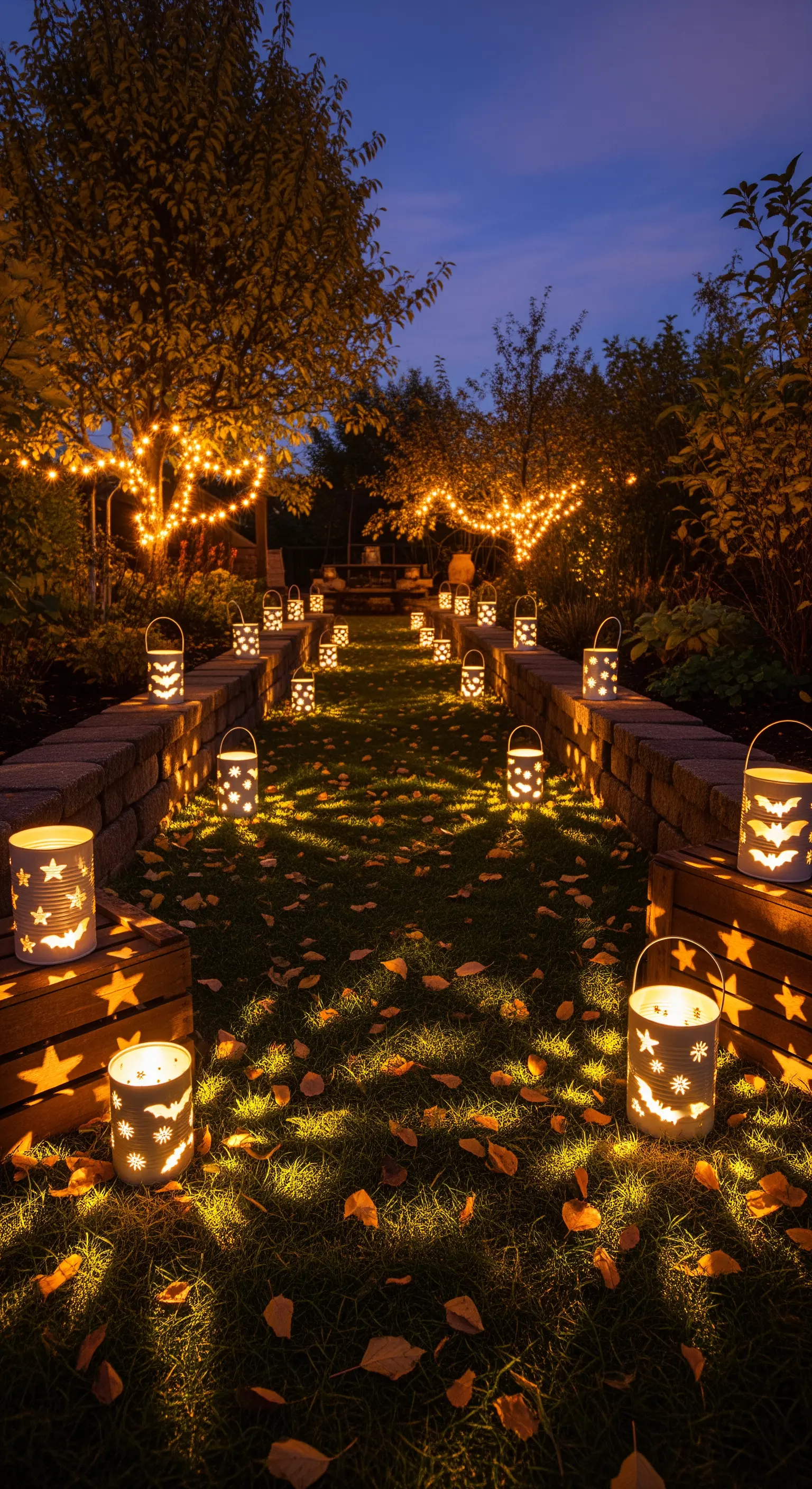 Gartenweg mit DIY-Halloween-Laternen und Lichterketten in Bäumen