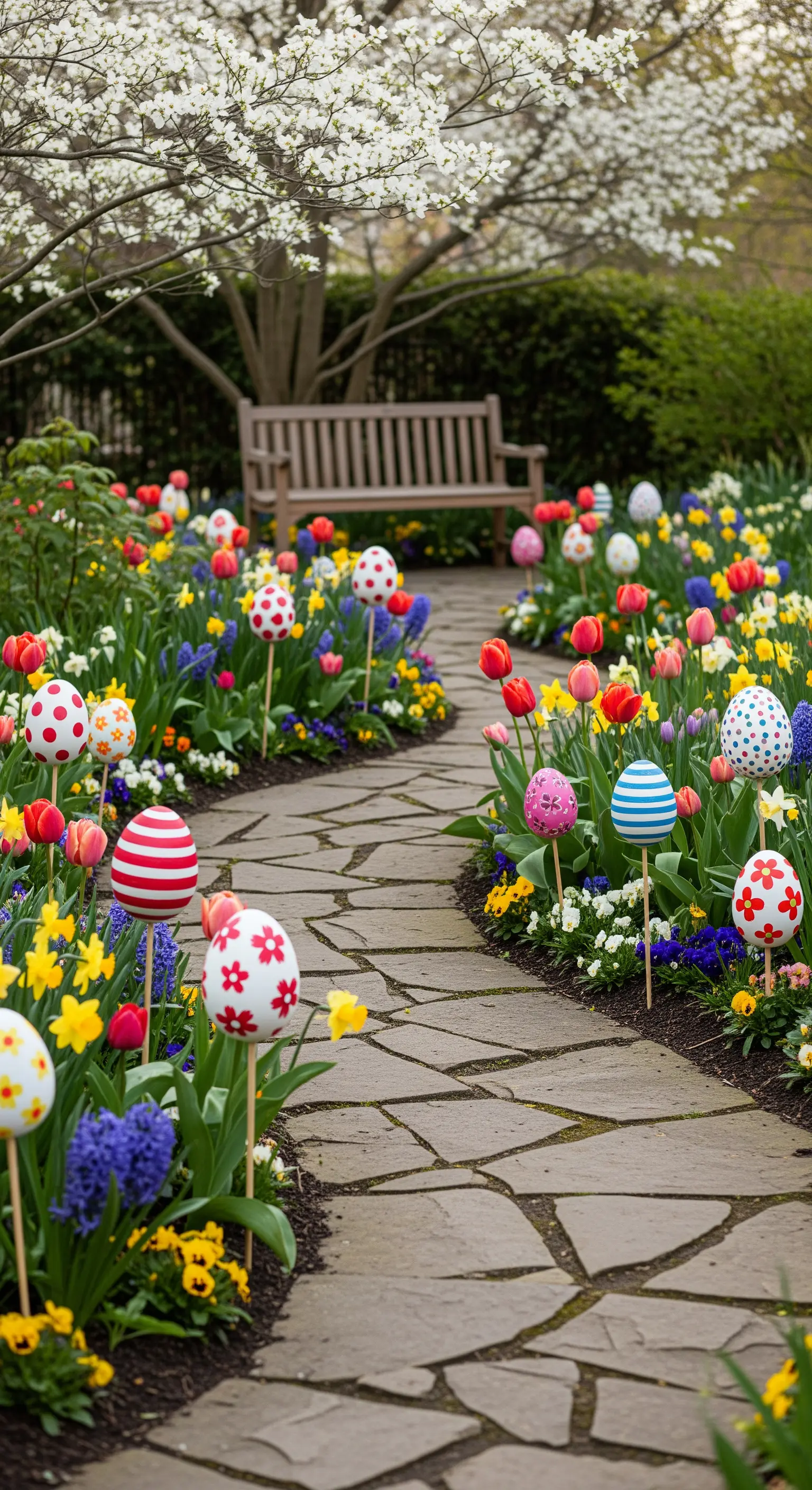 Gartenweg gesäumt von bunten Blumen und bemalten Ostereiern auf Stäben.