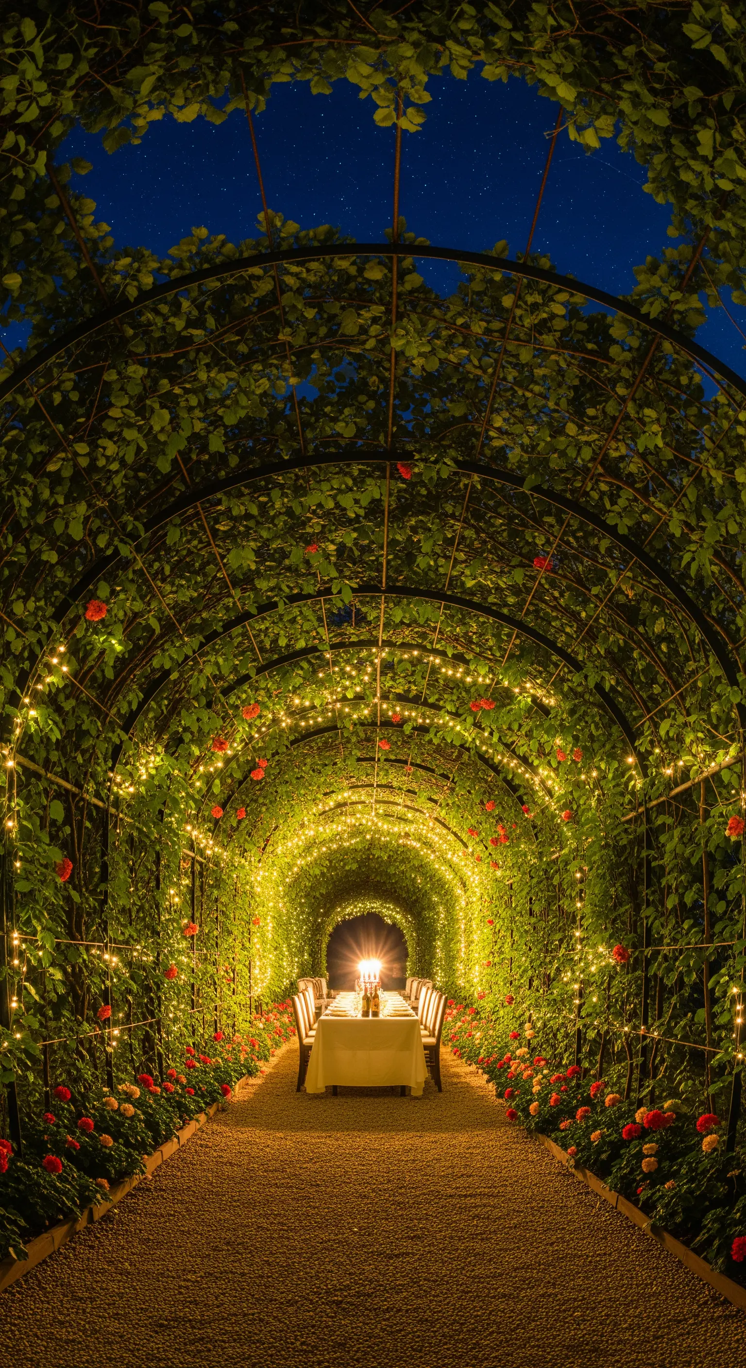 Rosentunnel, Lichterketten, Dinner für zwei, märchenhaft