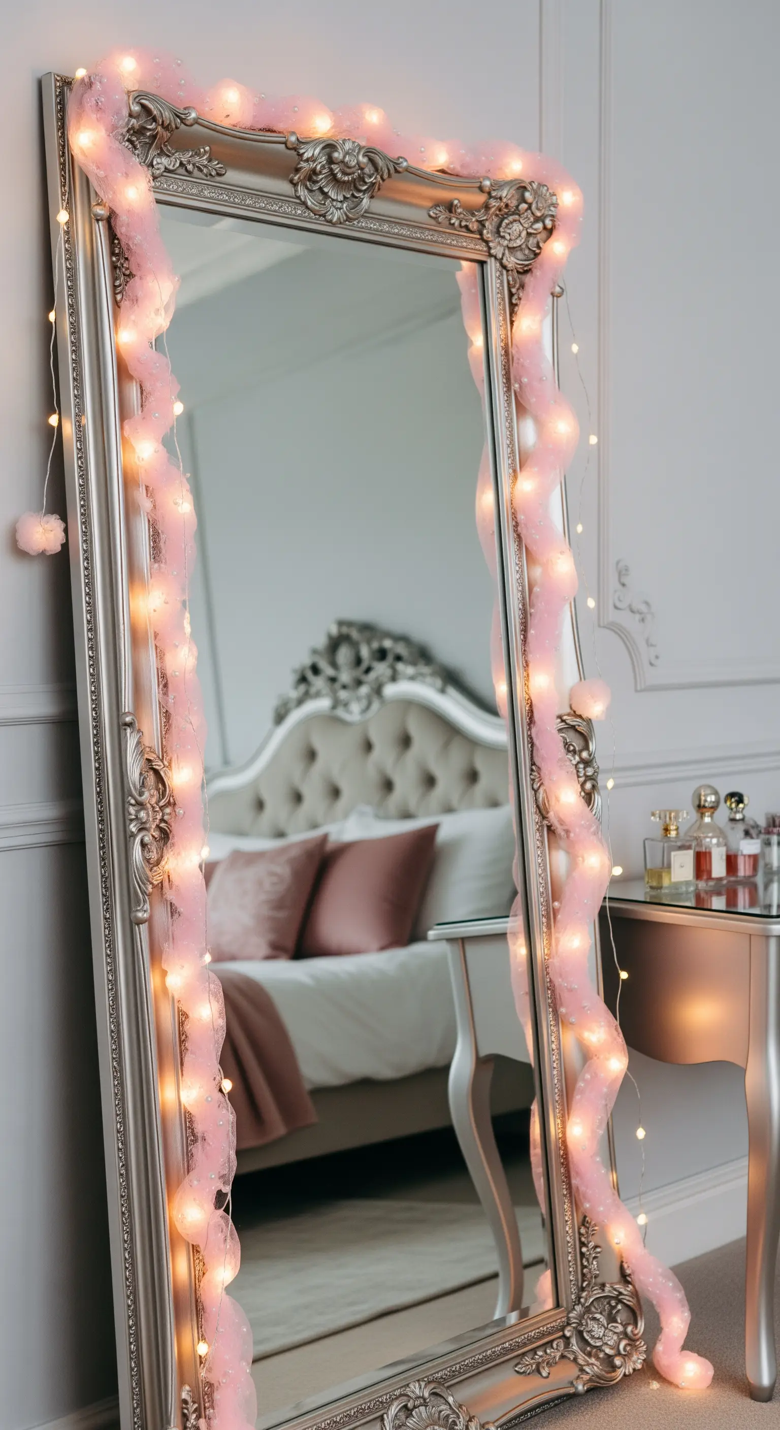 Ein großer Spiegel, umrahmt von einer Lichterkette, die mit rosa Tüll umwickelt ist.