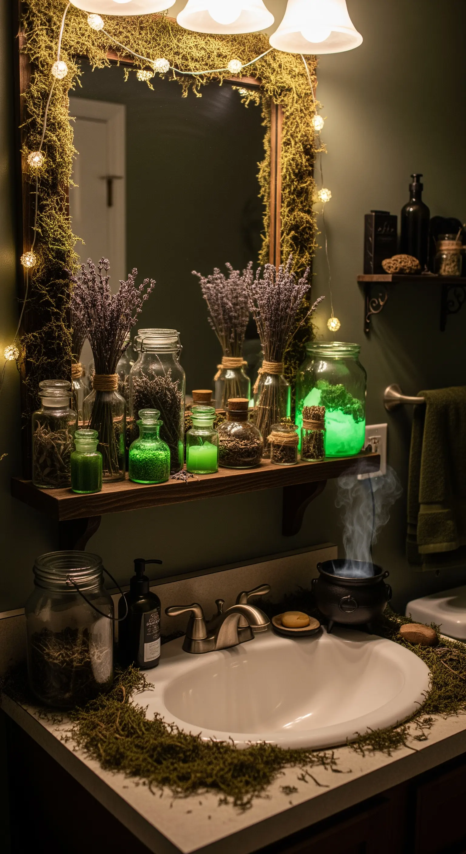 Badezimmer mit Moos, Lichterketten, Lavendel und Zaubertrankflaschen für Hexen-Vibes