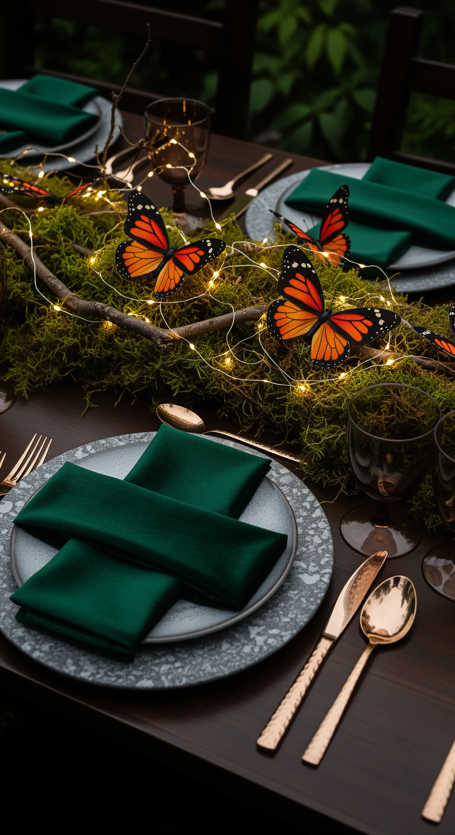 Verzauberte Wald-Tischdeko für Halloween mit Moos, Schmetterlingen und Lichterketten