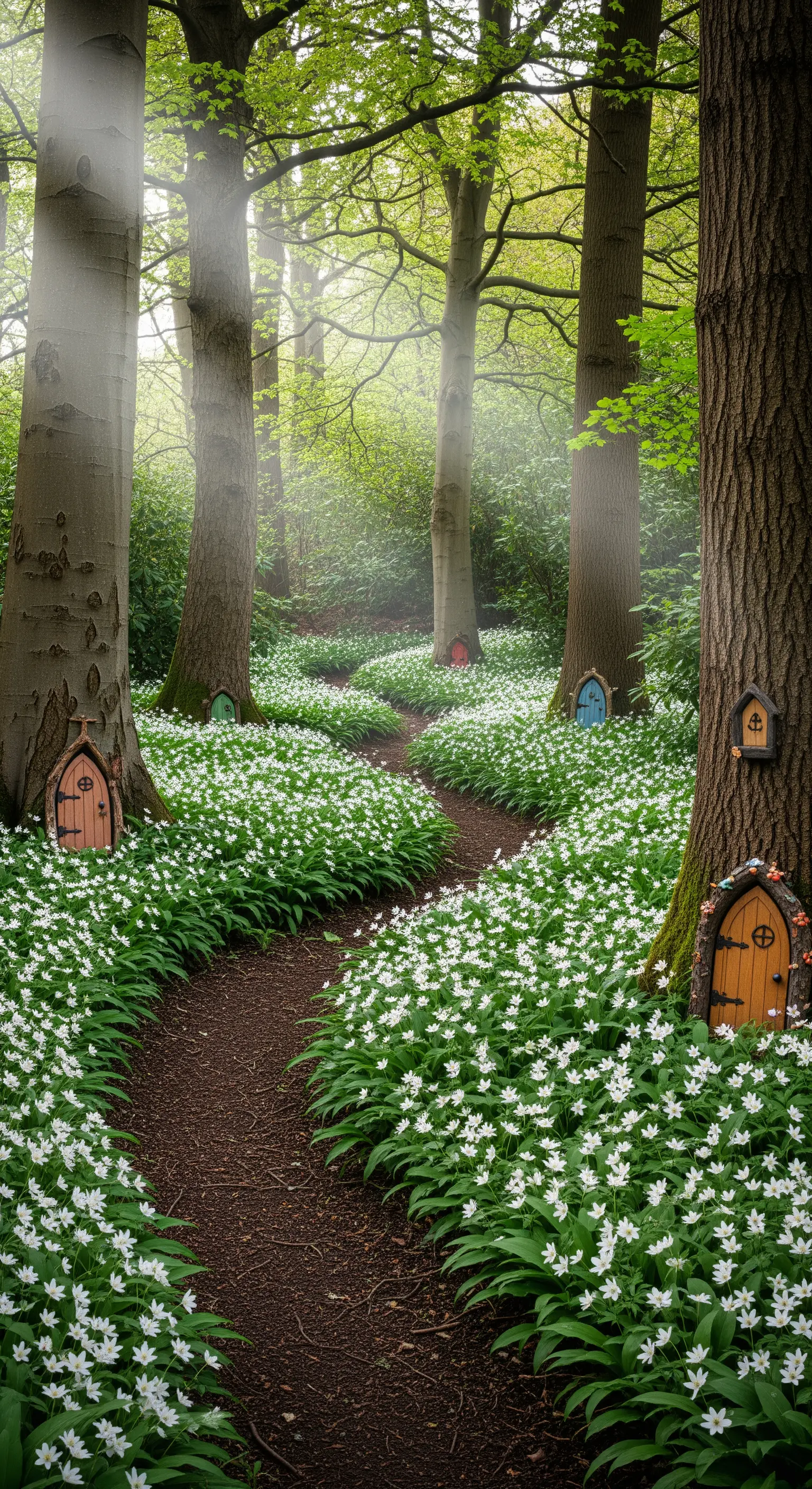 Waldweg mit kleinen Feentüren an Baumstämmen, umgeben von weißen Blüten
