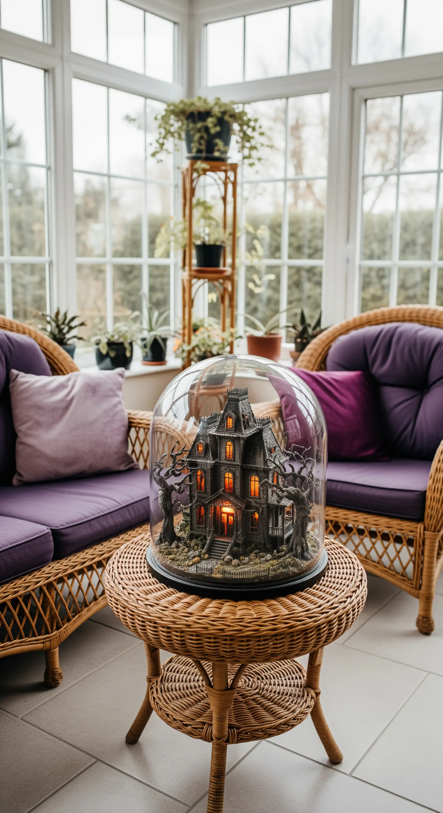 Halloween-Wintergarten mit Spukhaus unter Glasglocke und Rattanmöbeln.