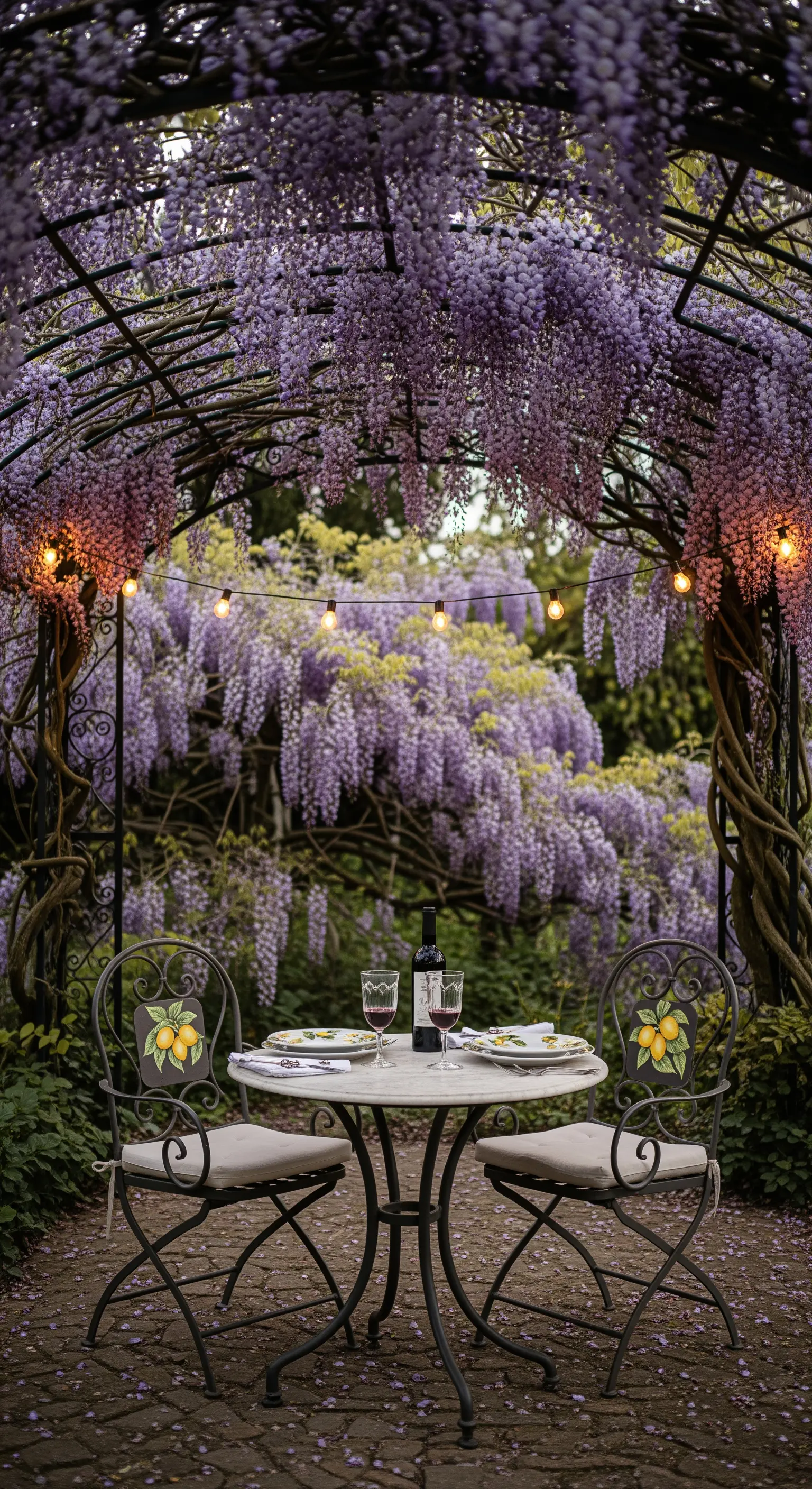 Romantisches Dinner unter einem Wisteria-Bogen mit Lichterketten