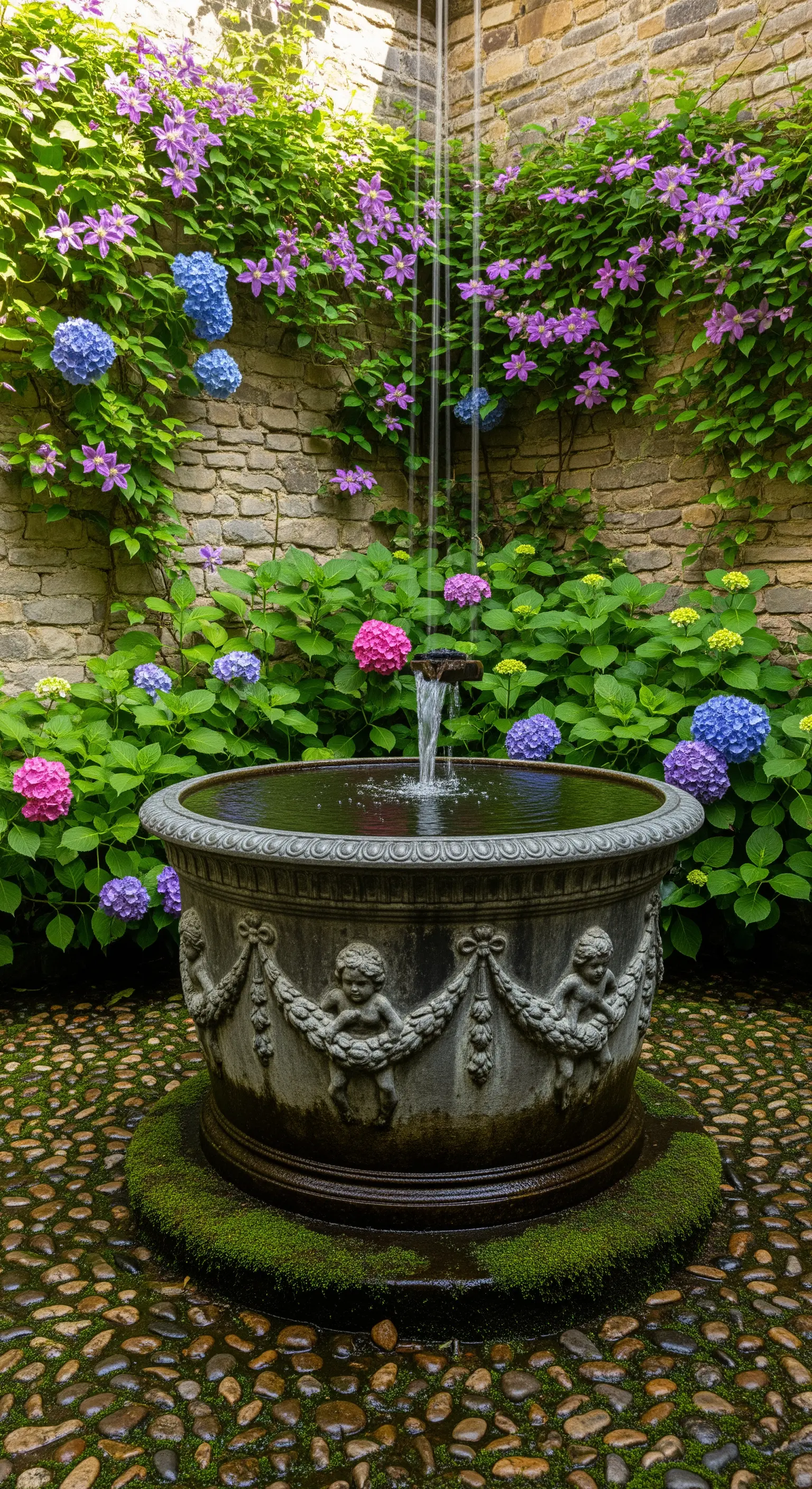 Verzierter Steinbrunnen in gepflastertem Hof, umrankt von Clematis und Hortensien