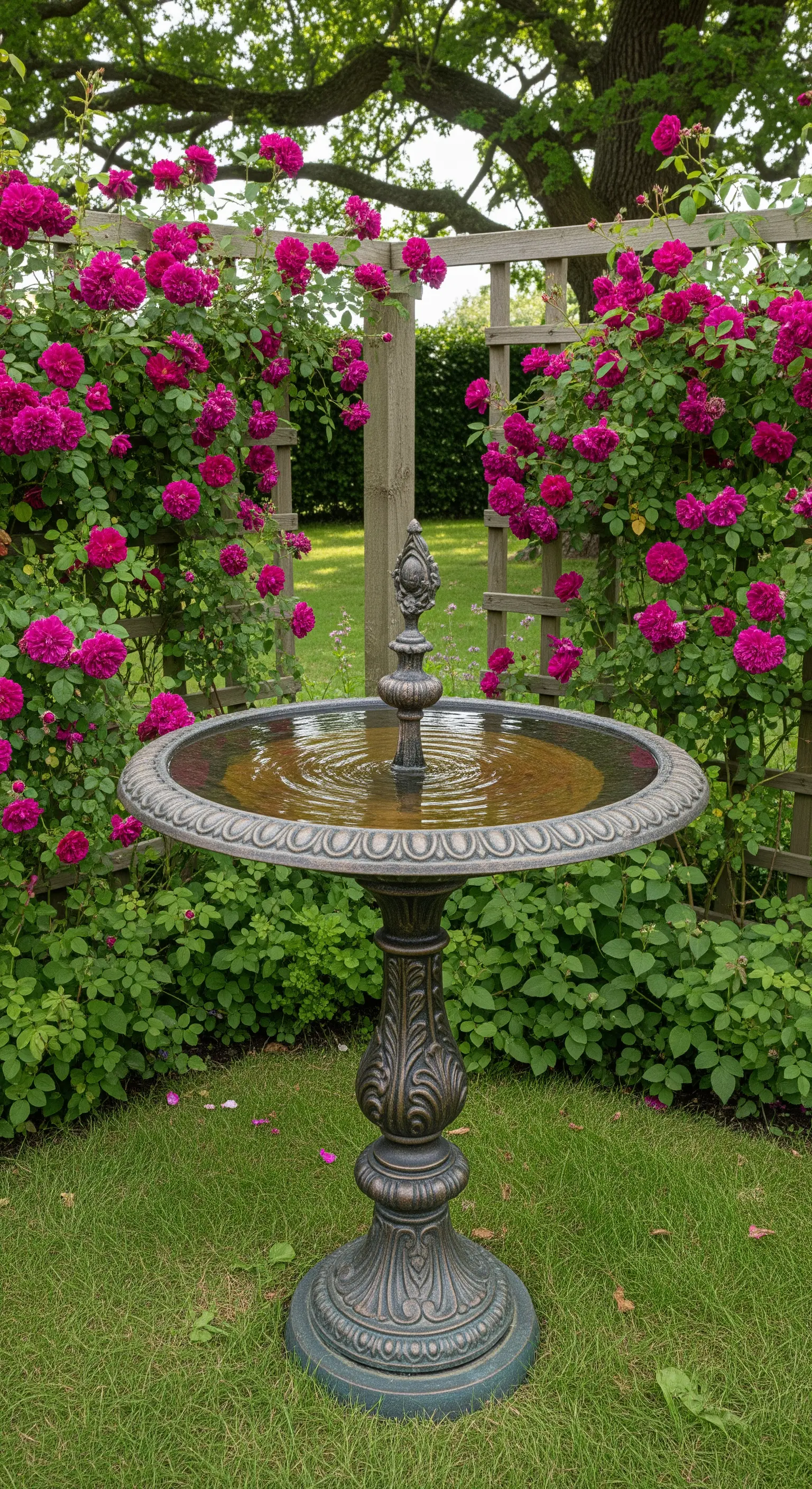 Gusseisen-Vogeltränke vor purpurroten Kletterrosen an einer Holzpergola