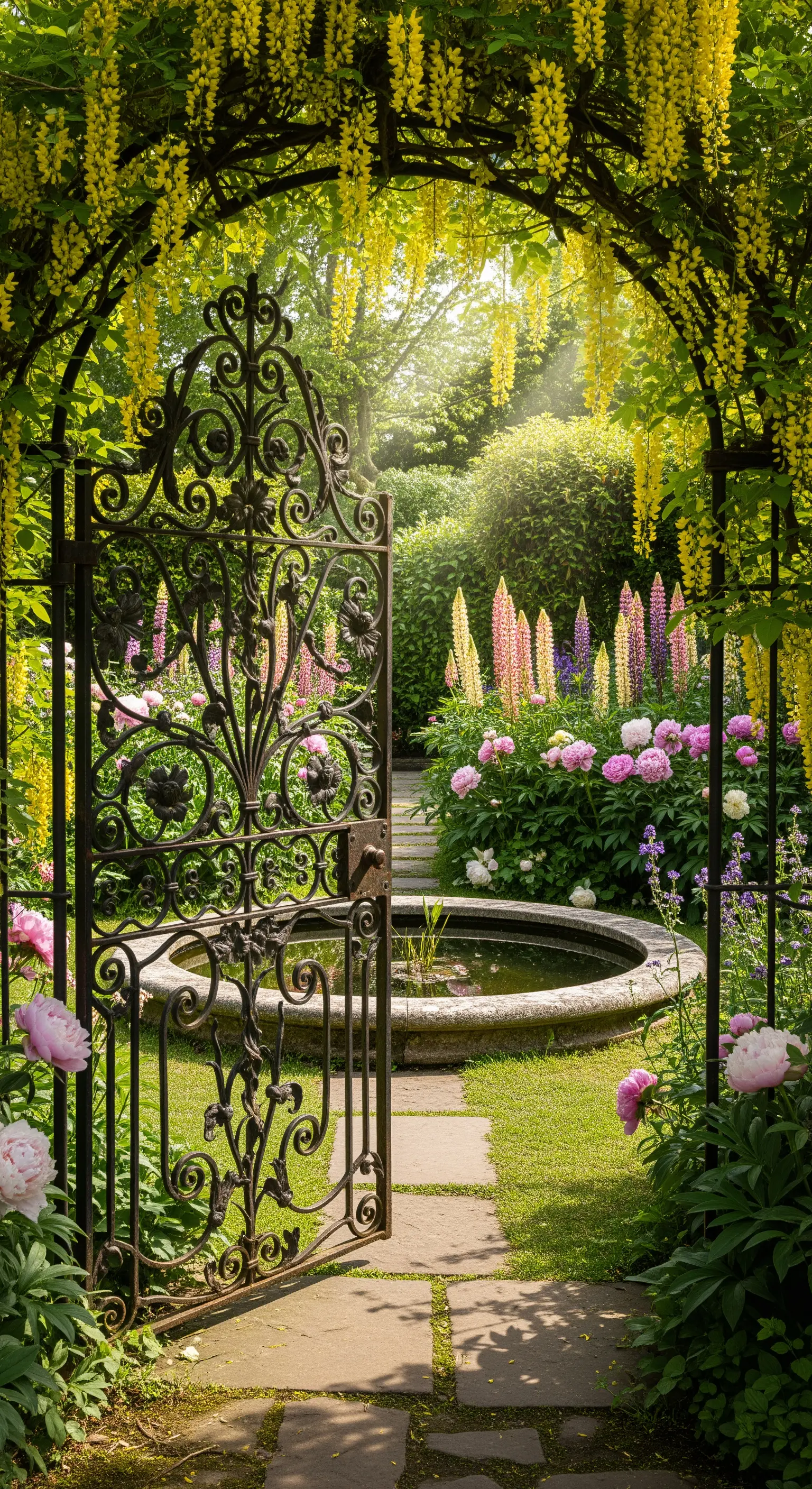 Schmiedeeisernes Tor unter Goldregenbogen, führt zu kleinem Teich mit Pfingstrosen