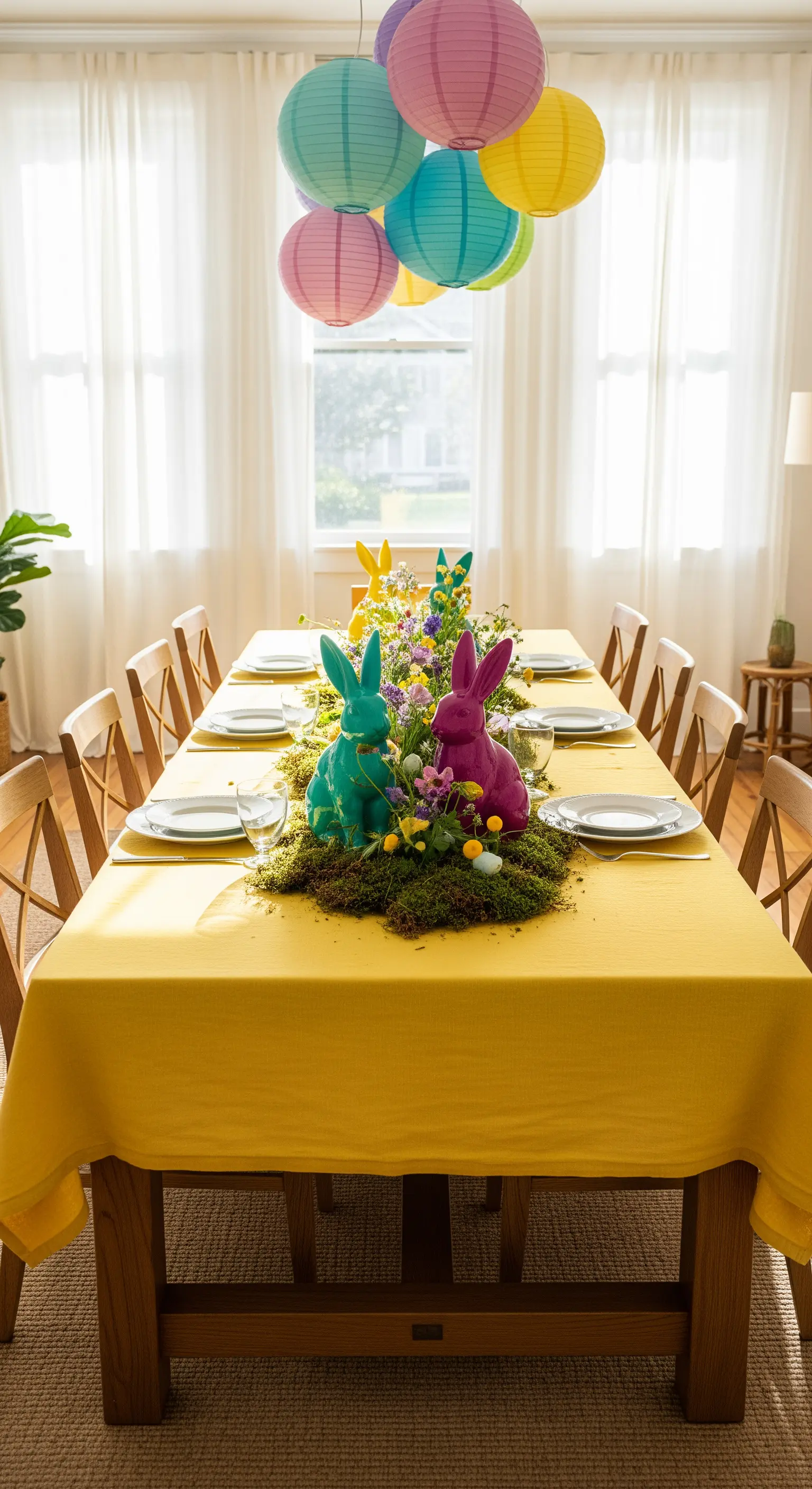 Vibrante Ostertafel mit gelbem Tischtuch, bunten Hasen, Moos und schwebenden Papierlaternen.