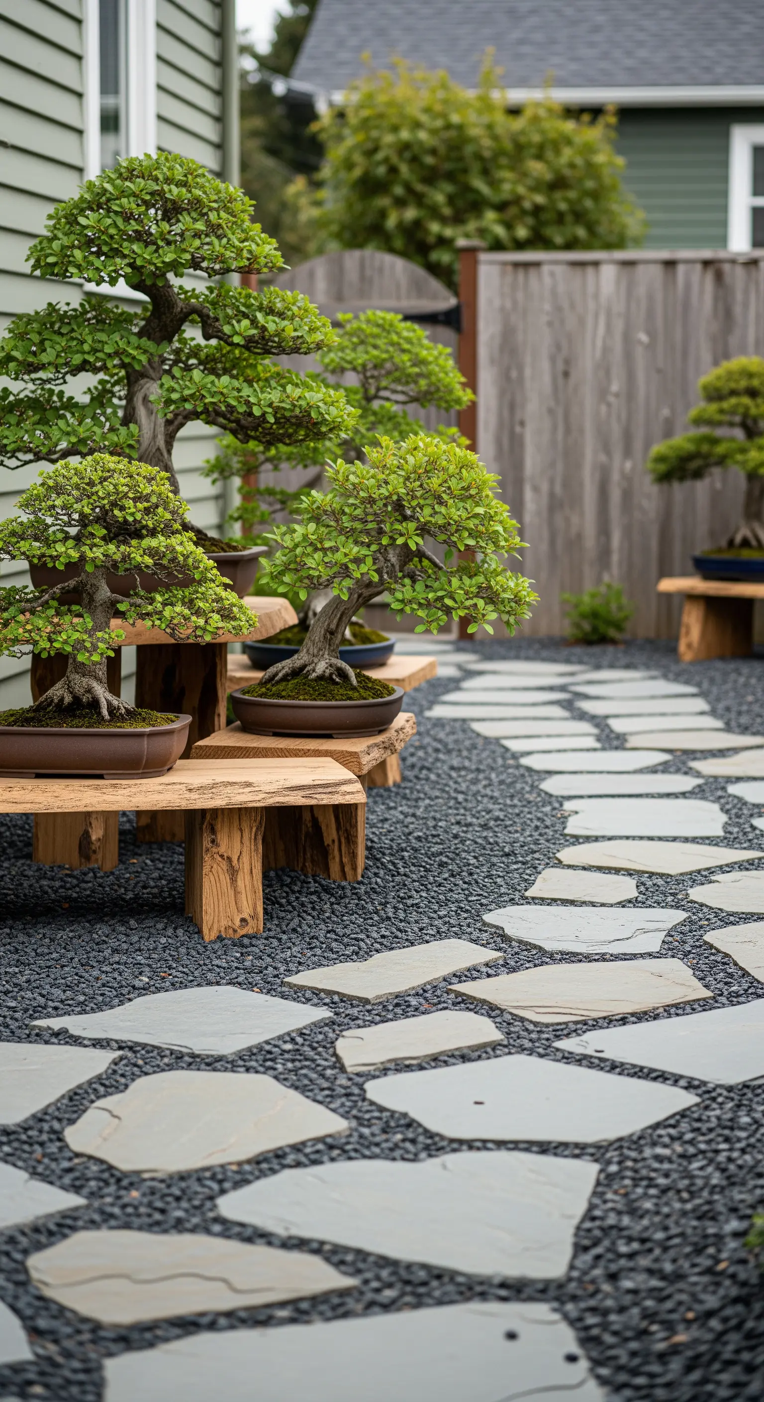 Bonsai-Sammlung auf rustikalen Holzpodesten mit unregelmäßigen Steinplatten auf Kies