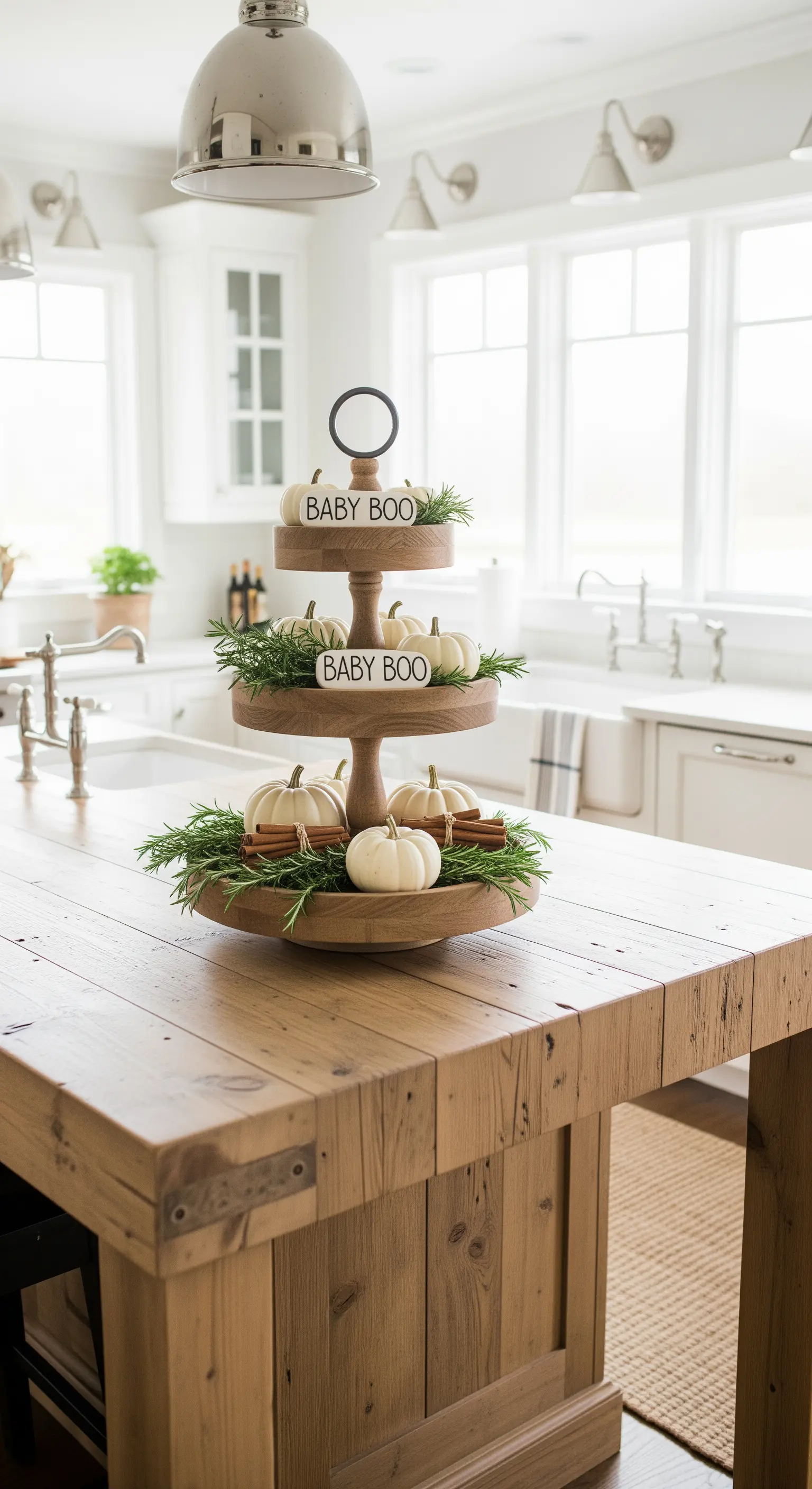 Holzetagere mit weißen Kürbissen, Rosmarinzweigen und 