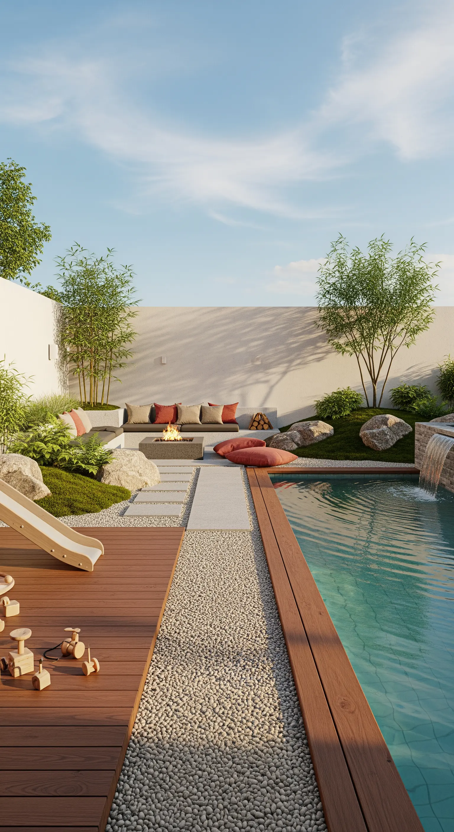 Familienfreundlicher Japandi-Garten mit Pool, Rutsche, Holzdeck, Kiesweg, Sitzgruppe und Feuerstelle