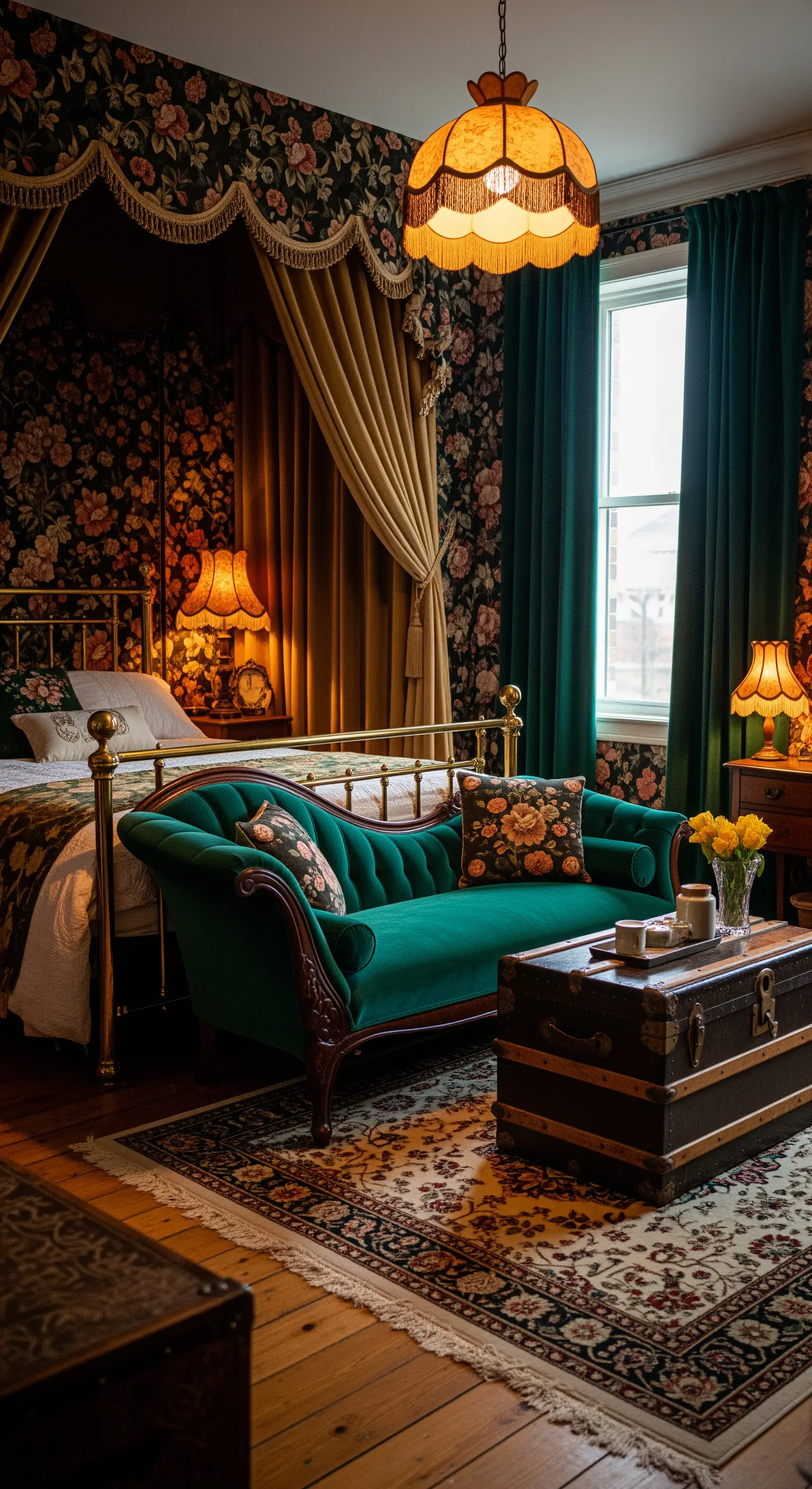 Dunkles Zimmer mit Blümchentapete, grünem Samtsofa und Vintage-Truhe als Tisch