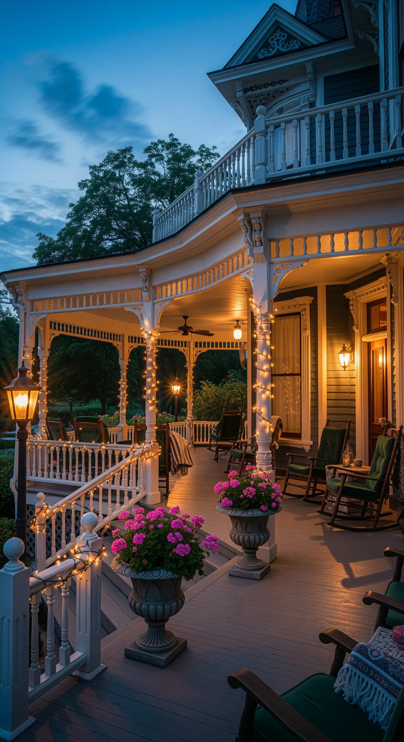 Viktorianische Veranda mit Lichterketten, Geranien, Schaukelstühlen