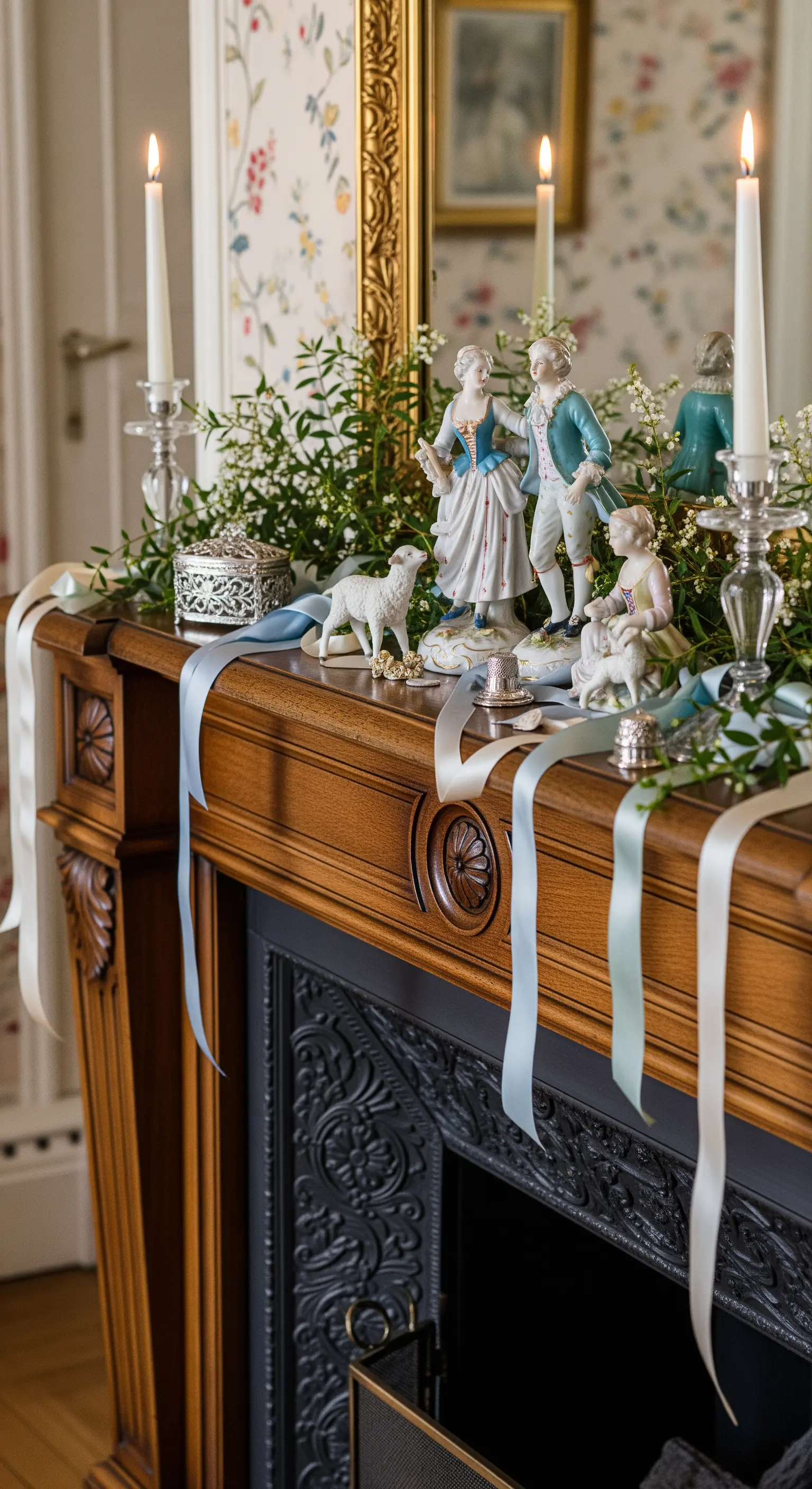 Holzkamin mit Porzellanfiguren, zarten Bändern, Kerzenleuchtern und Grün