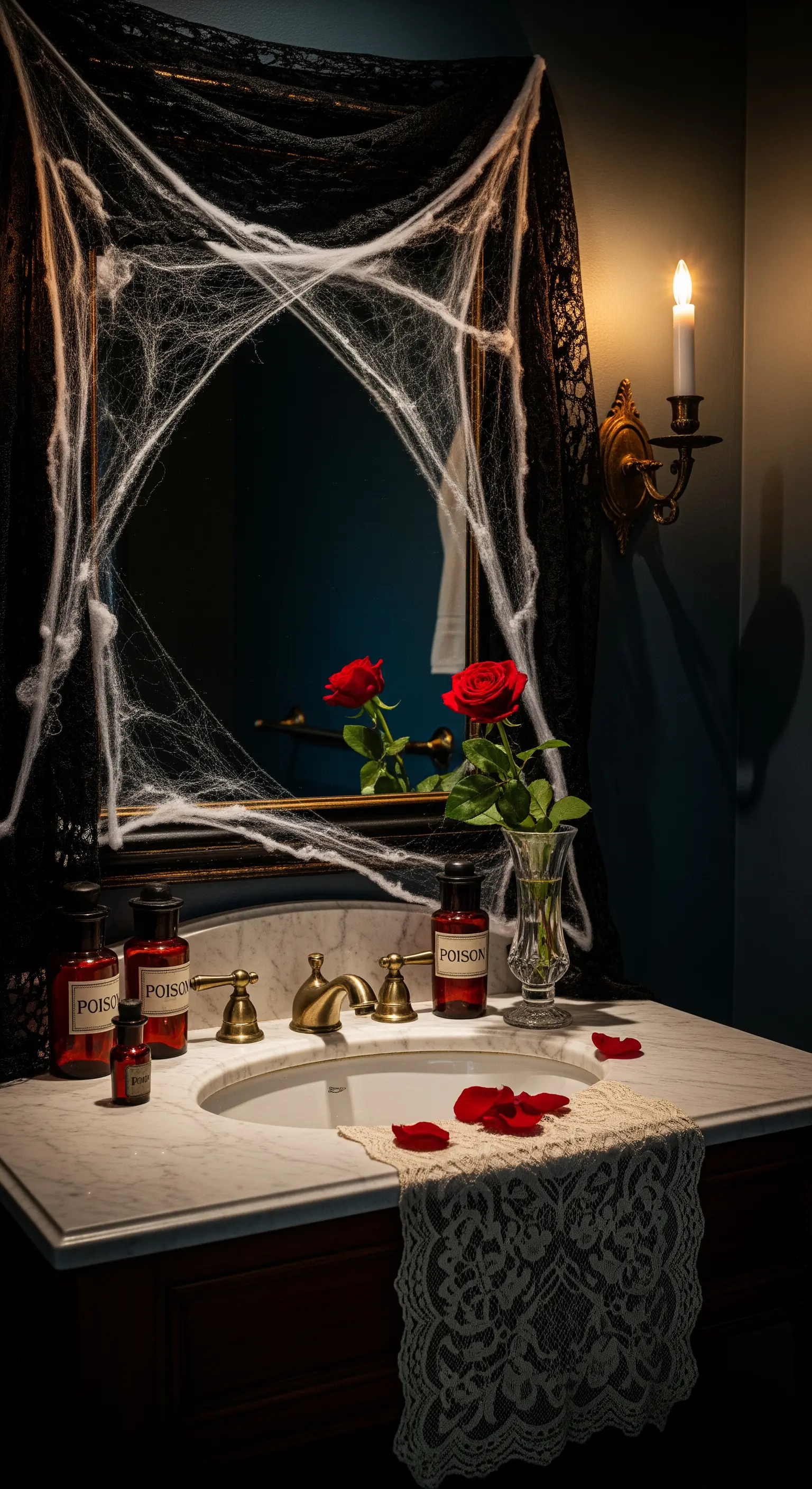Viktorianisches Badezimmer mit Spinnweben, roten Rosen und 'Poison'-Flaschen