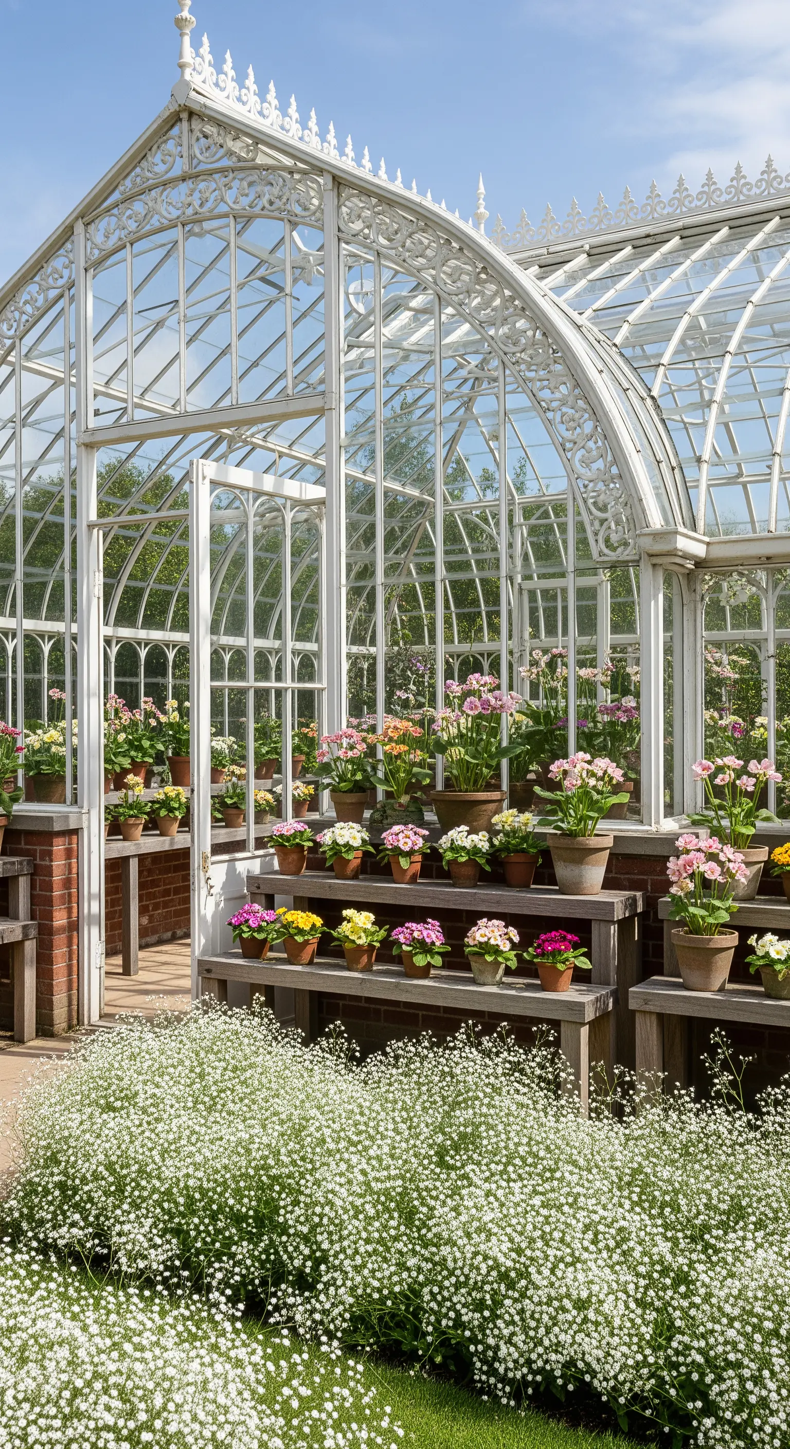 Weißes Gewächshaus mit Regalen voller bunter Primeln in Terrakottatöpfen