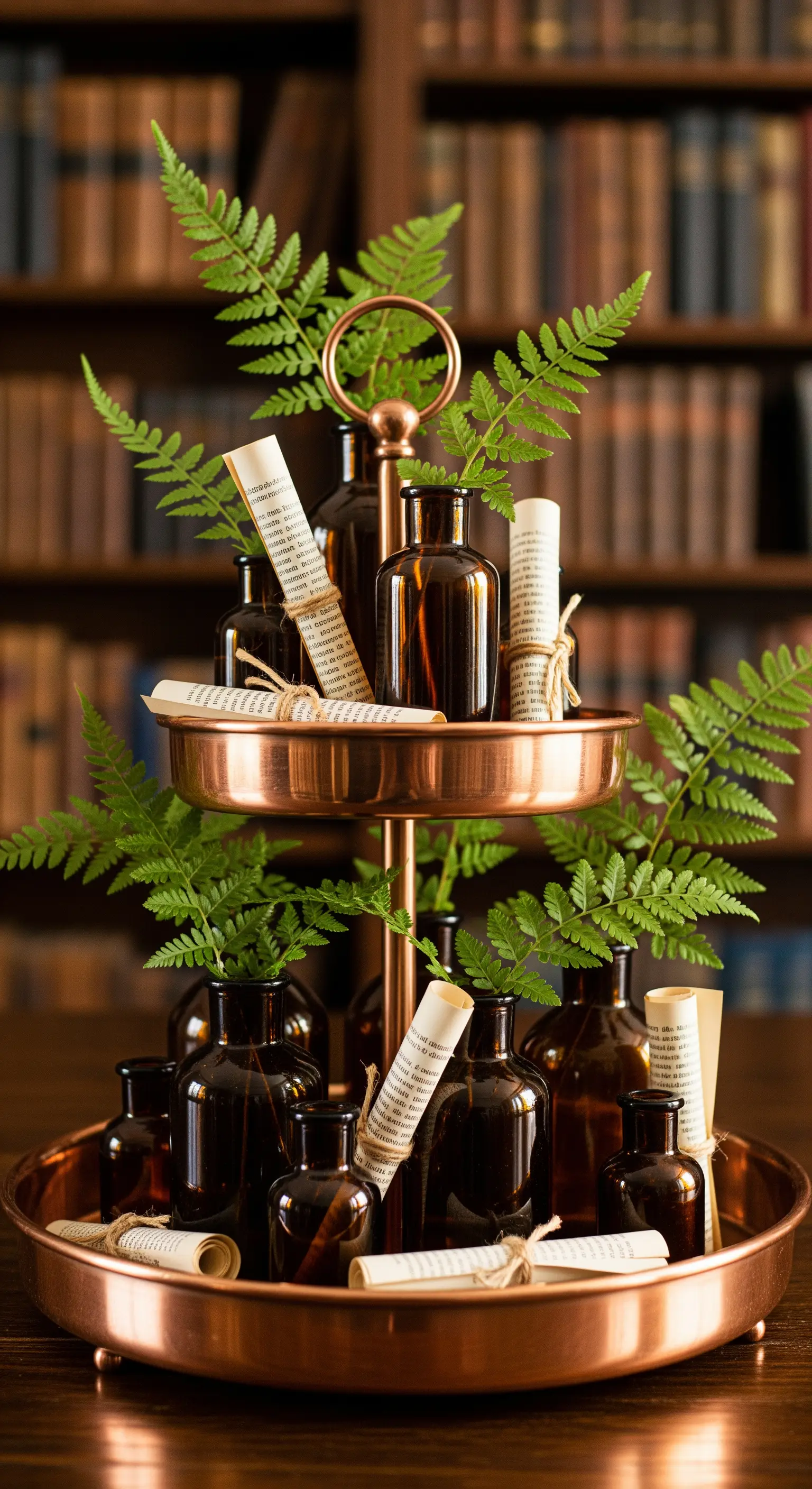 Kupfer-Etagere mit braunen Apothekerflaschen und Farn