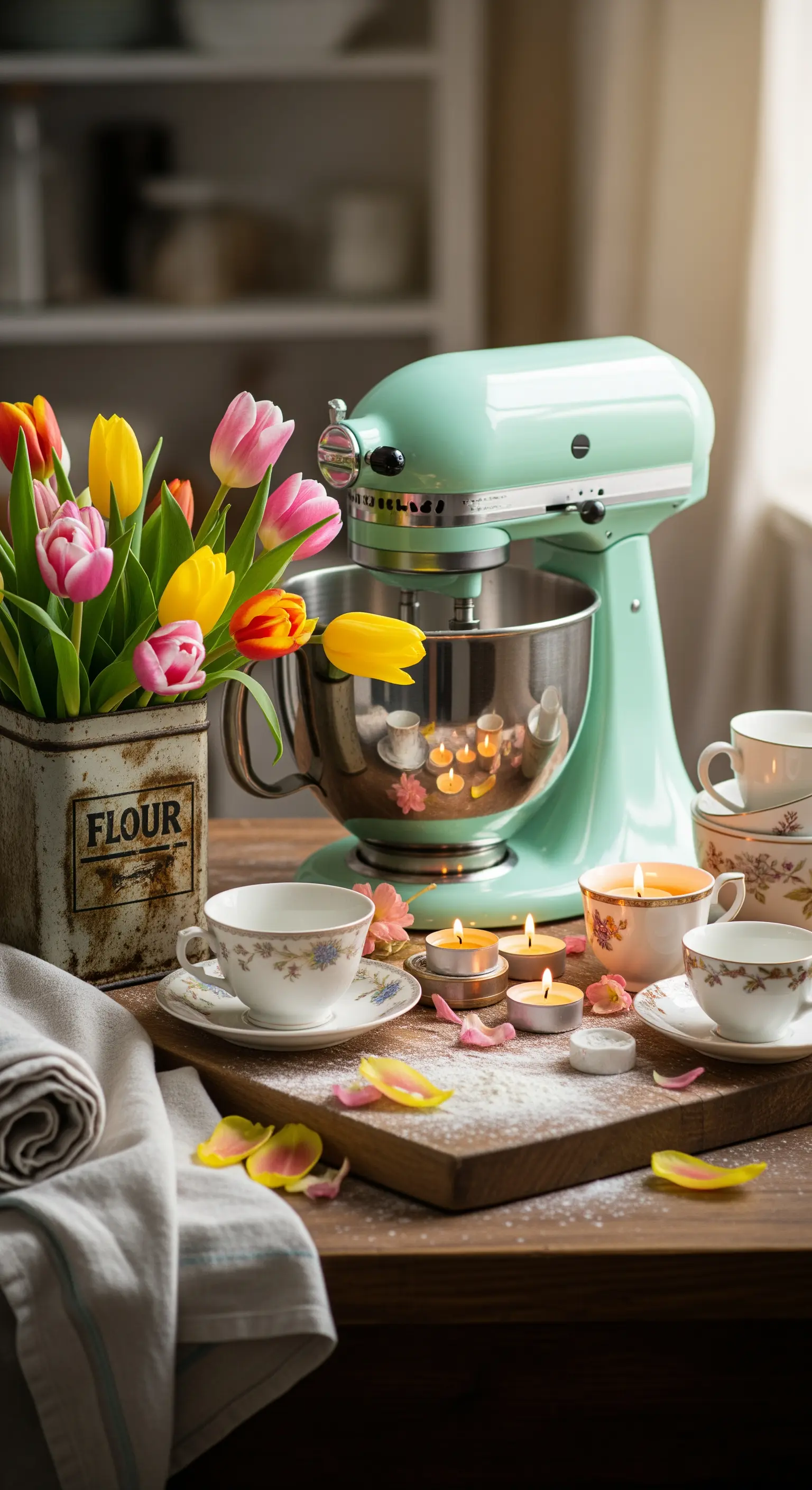 Vintage-Standmixer, bunte Tulpen in Blechdose, Teelichter in Teetassen auf Holzbrett