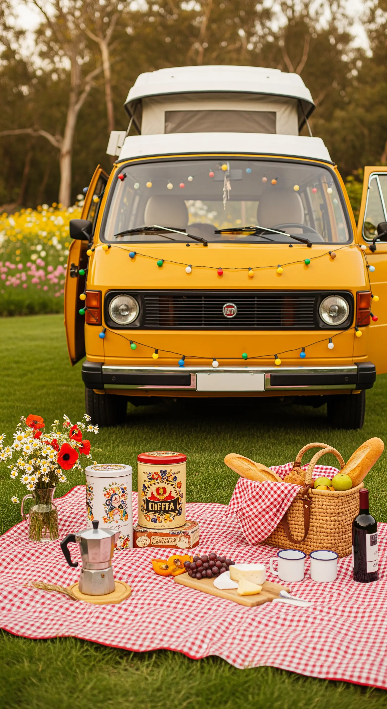 Vintage Camper mit bunten Lichterketten und rot-weiß kariertem Picknick