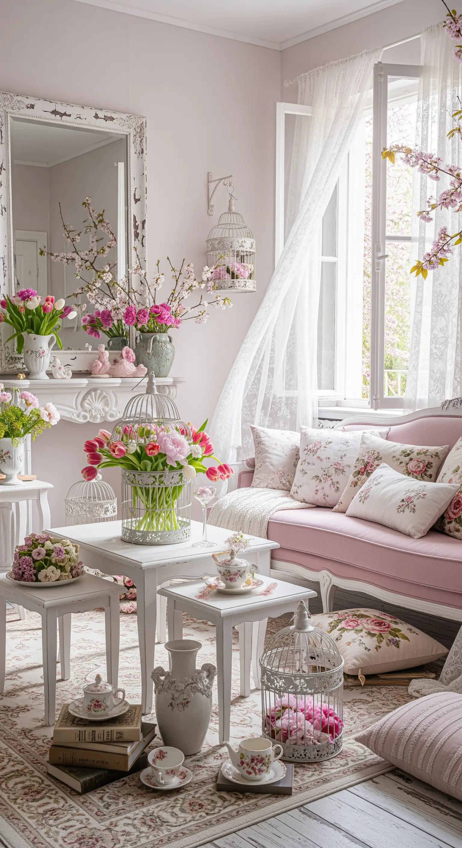 Shabby Chic Wohnzimmer, rosa Sofa, weiße Möbel, viele Blumen und Vogelkäfige