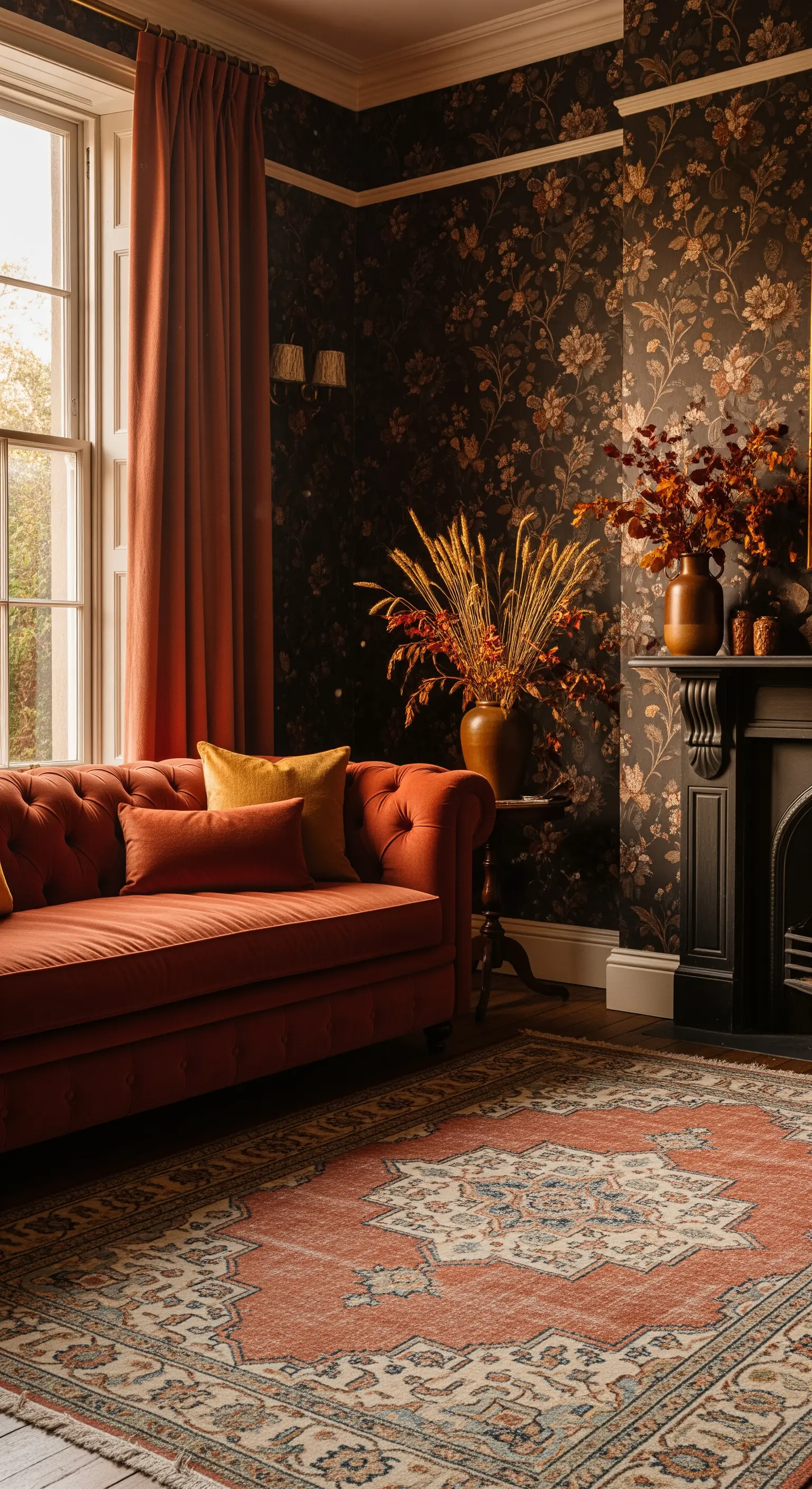 Wohnzimmer mit floraler Tapete, Rostrot-Sofa und Perserteppich