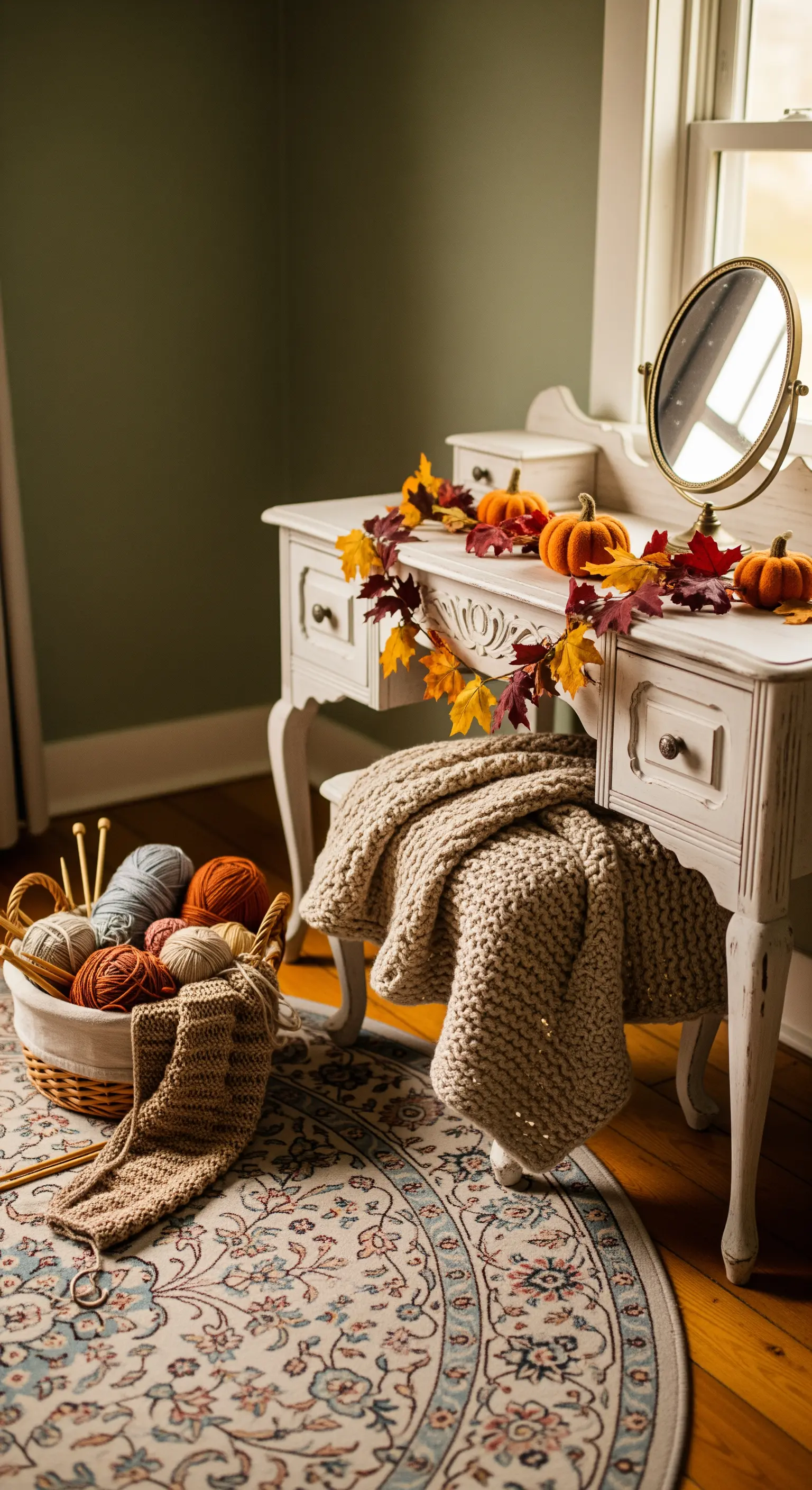 Vintage Schminktisch mit Herbstlaub-Girlande, Kürbissen und Strickdecke