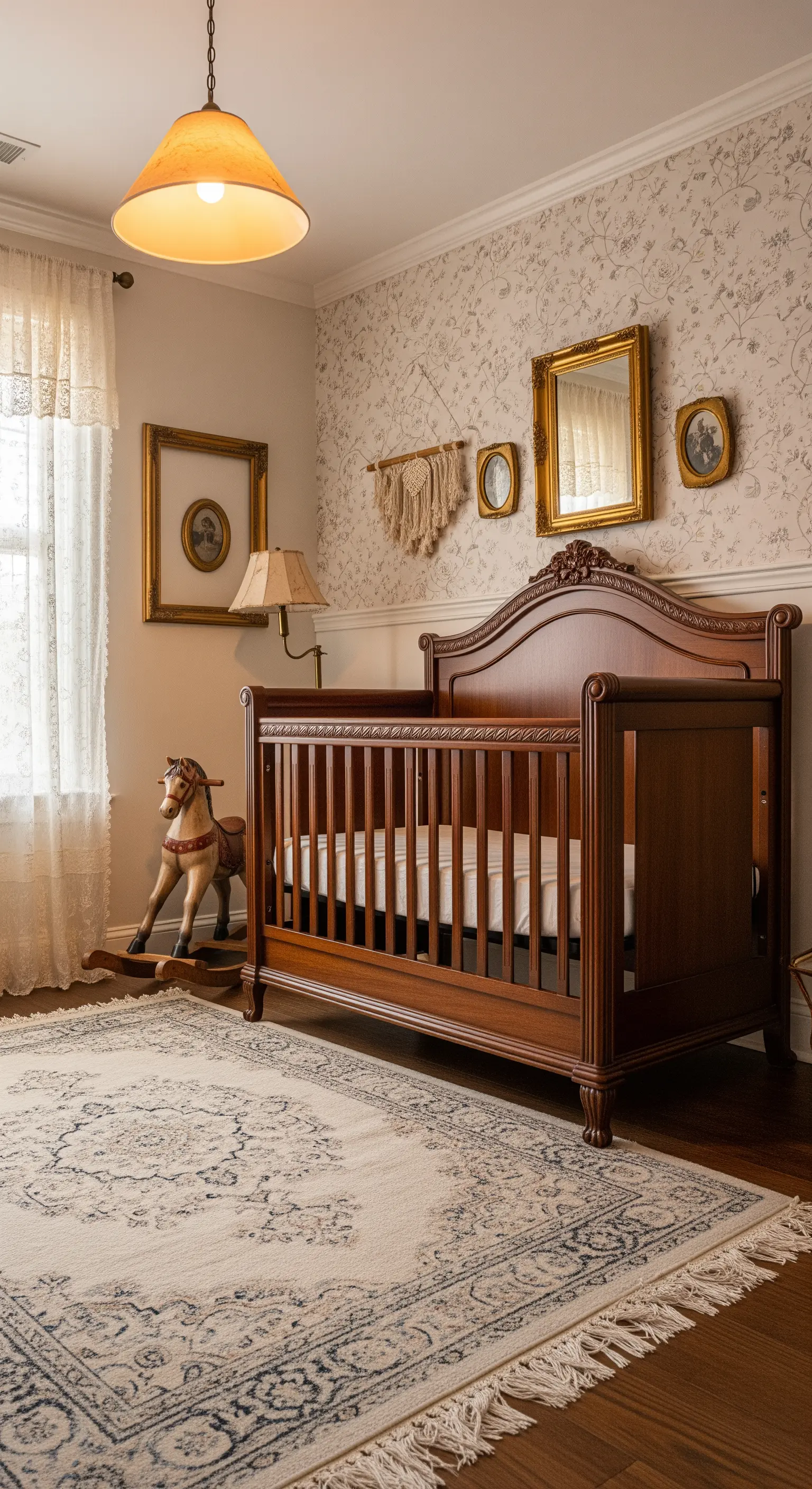 Vintage-Kinderzimmer mit dunklem Holzbett, Blümchentapete und goldenen Rahmen.