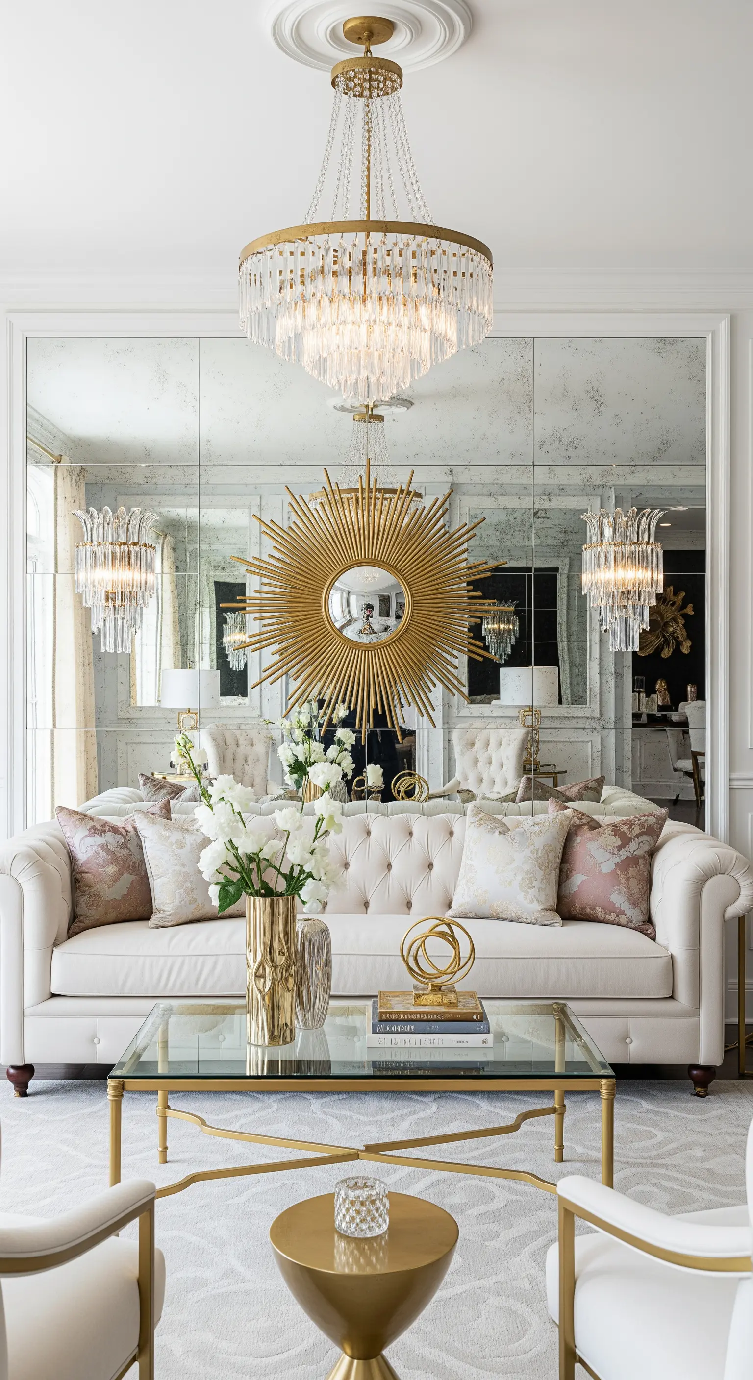 Antike Spiegelwand mit goldenem Sonnen-Spiegel über einem cremefarbenen Sofa.