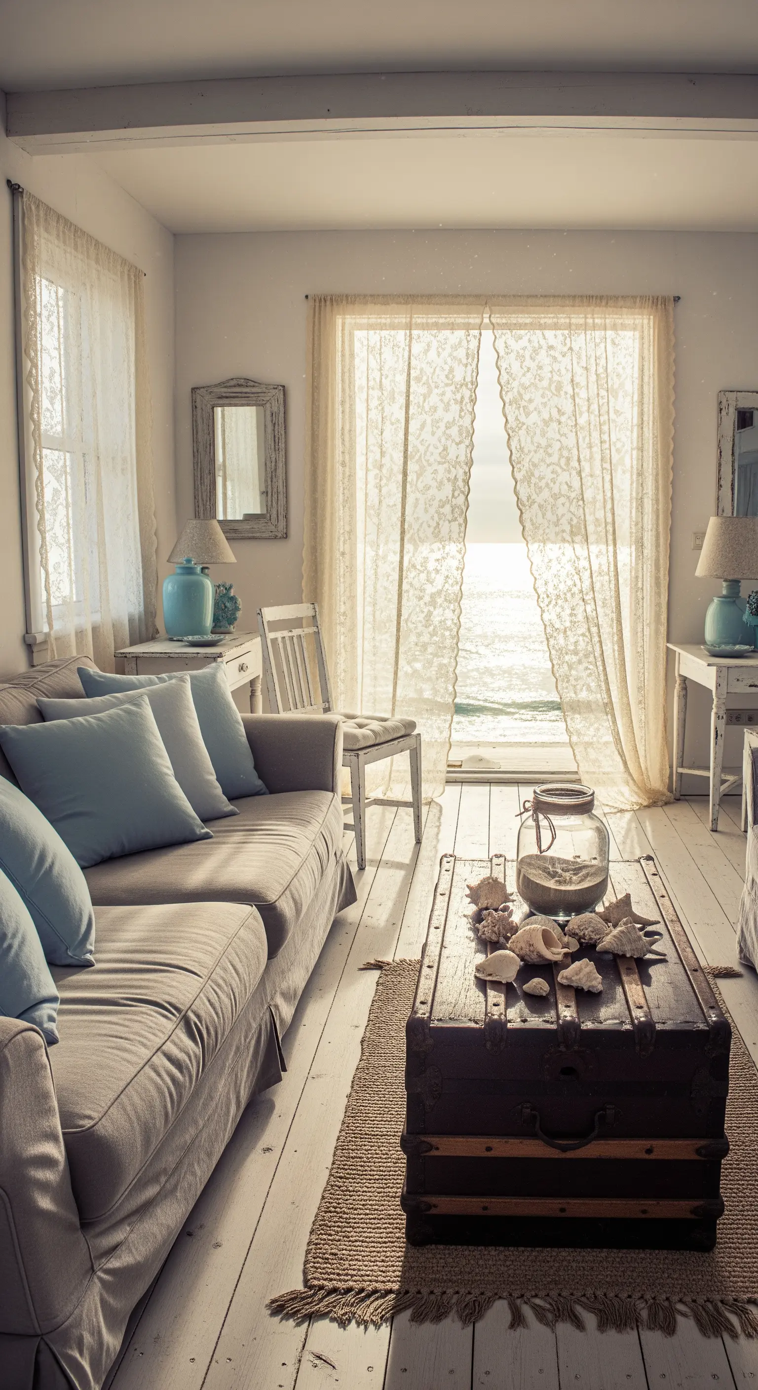 Vintage Strandhaus Wohnzimmer, Holztruhe, Muscheldeko, sanfte Blauelemente