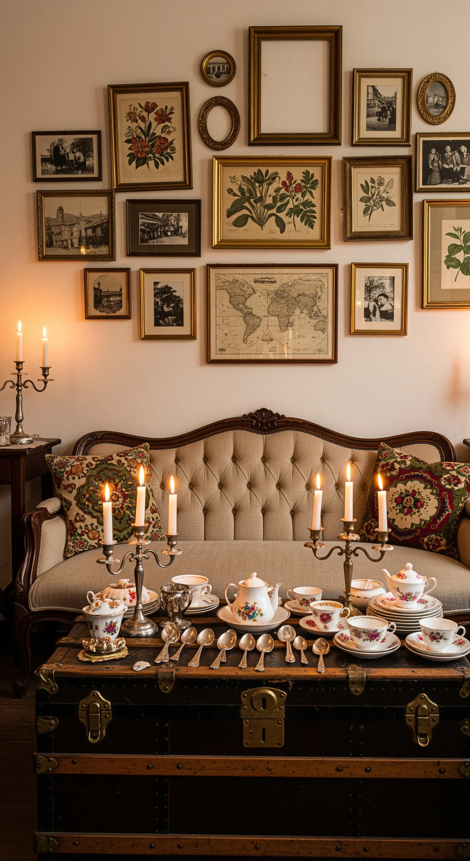 Sofa, Galeriewand, Truhen-Couchtisch mit Teeservice und Kerzen