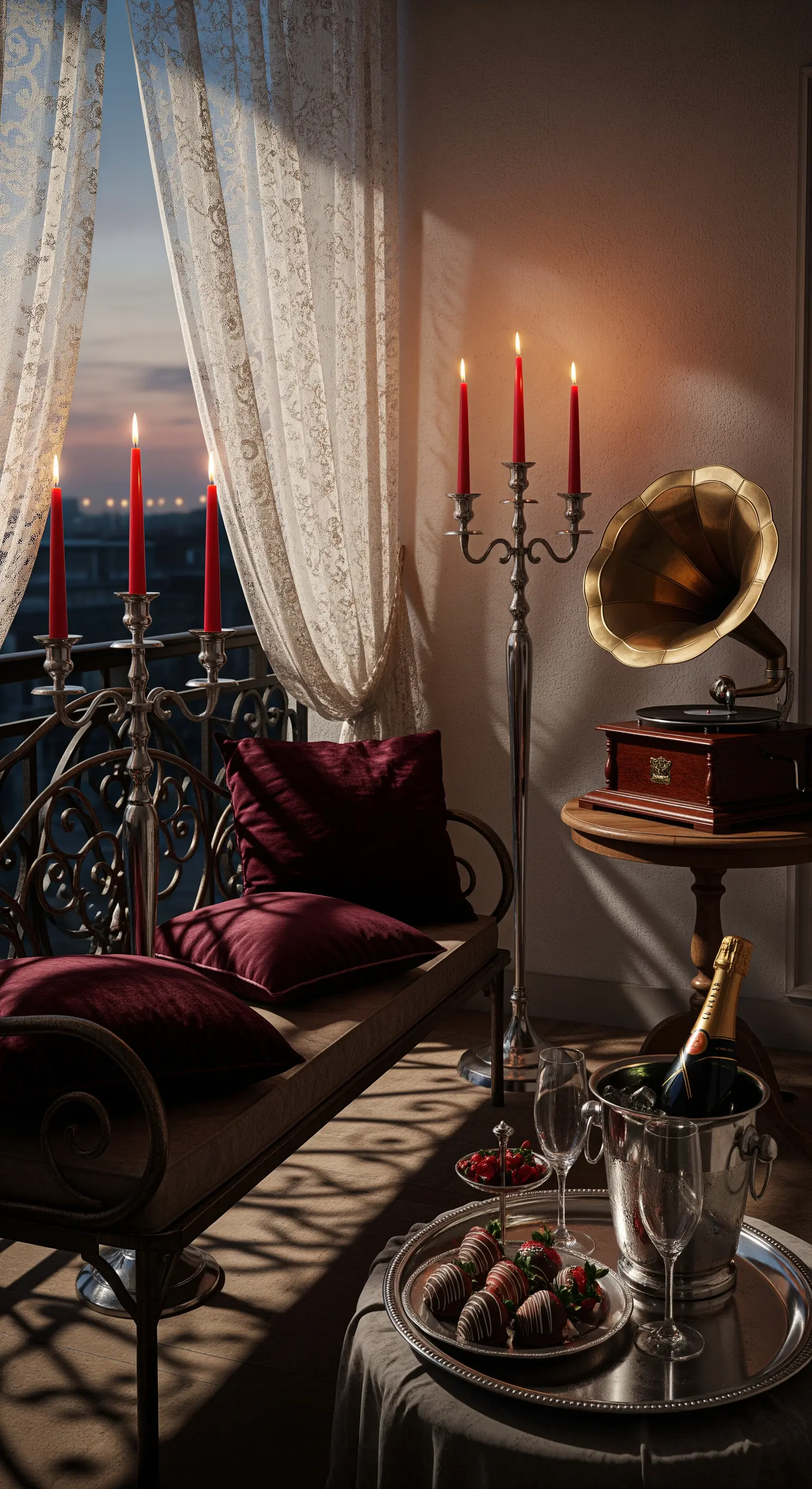 Vintage-Balkon mit Eisenbank, Samtkissen, Kerzenleuchter und Grammophon.