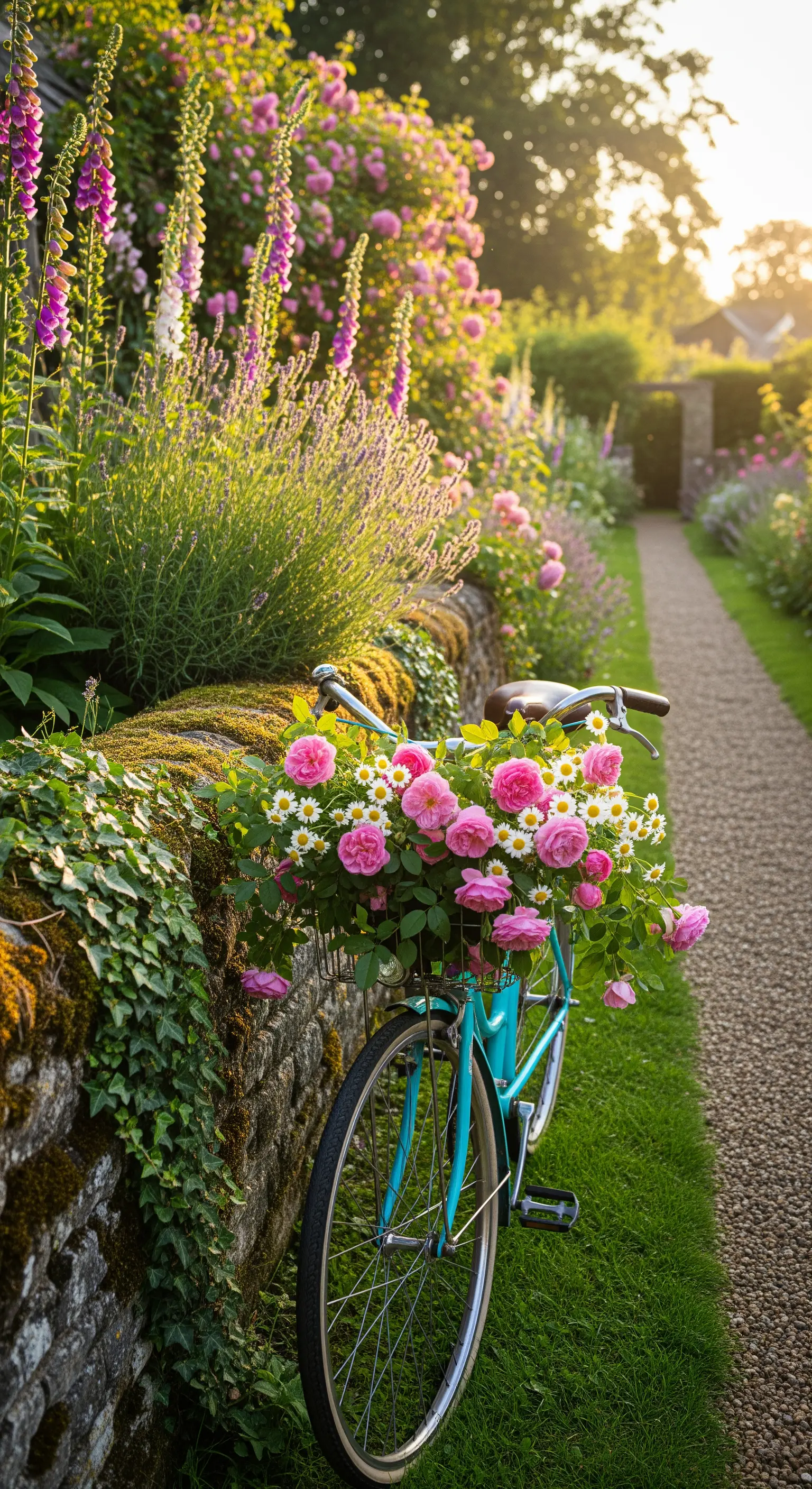 Türkisfarbenes Vintage-Fahrrad mit Blumenkorb vor einer moosbewachsenen Steinmauer.