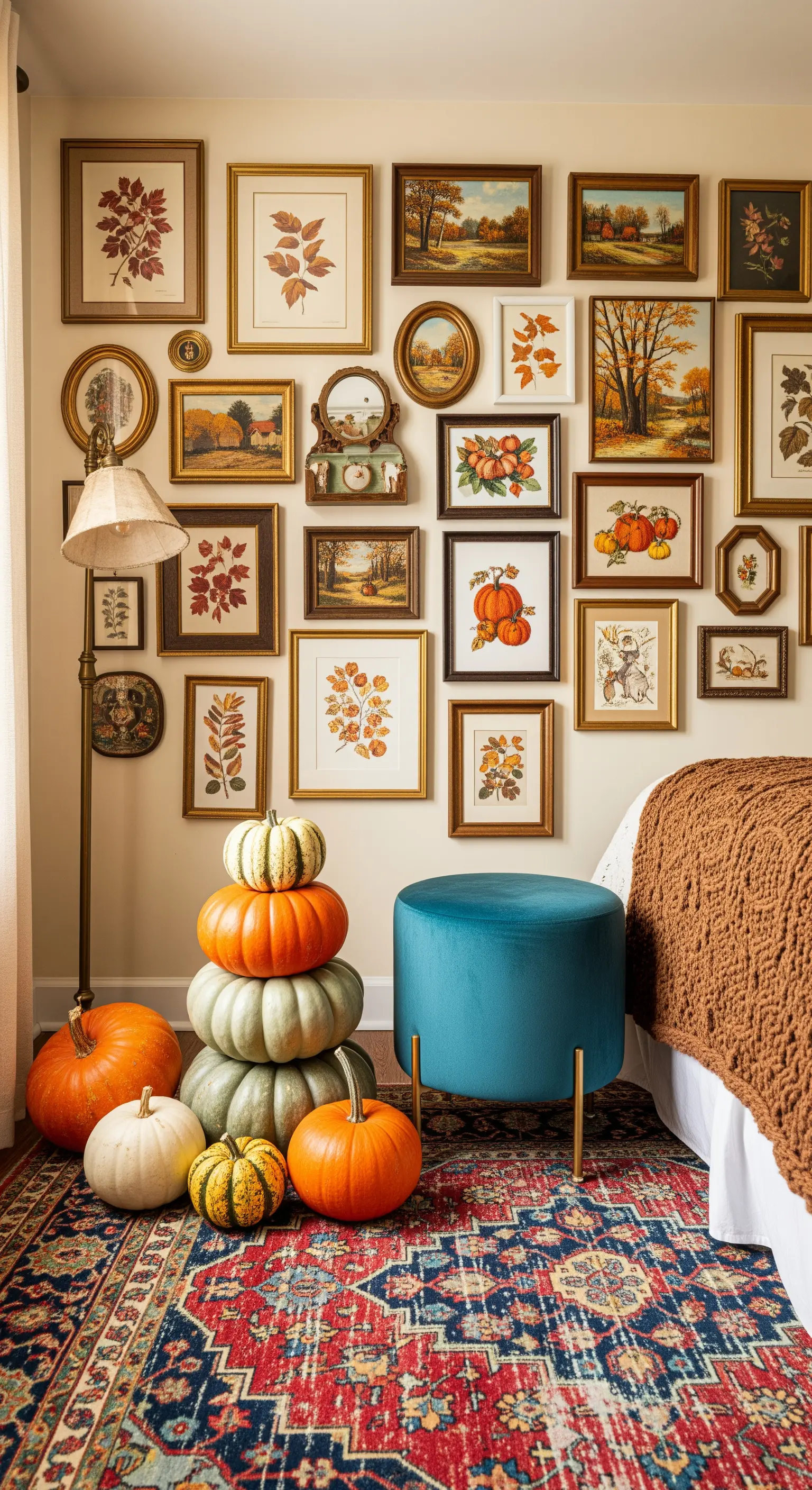 Vintage Galerie-Wand mit Herbstbildern, bunten Kürbissen und Samthocker
