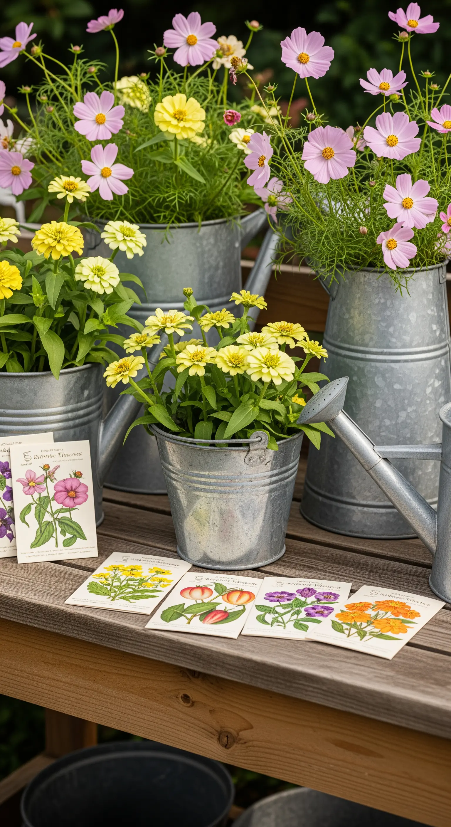 Zinkgießkannen und Eimer mit rosa und gelben Blumen auf einer Holzbank