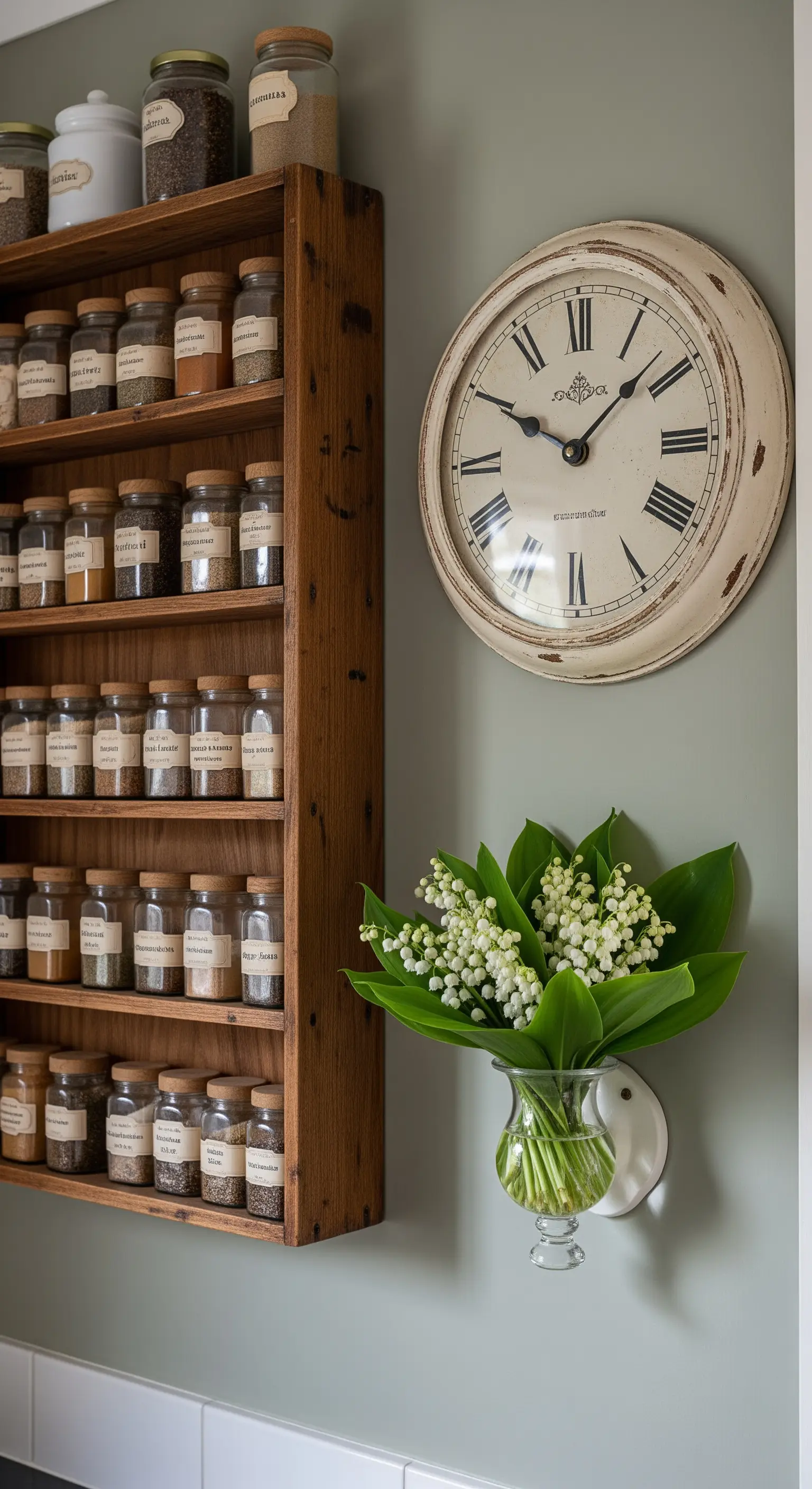 Gewürzregal, Wanduhr und Maiglöckchen-Wandvase in Landhausküche
