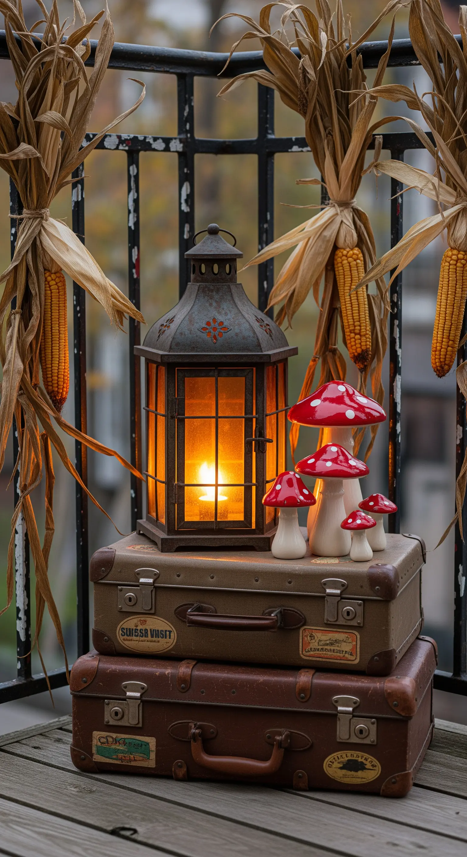 Vintage-Koffer mit Laterne, Pilzen und Maiskolben-Deko am Balkongeländer