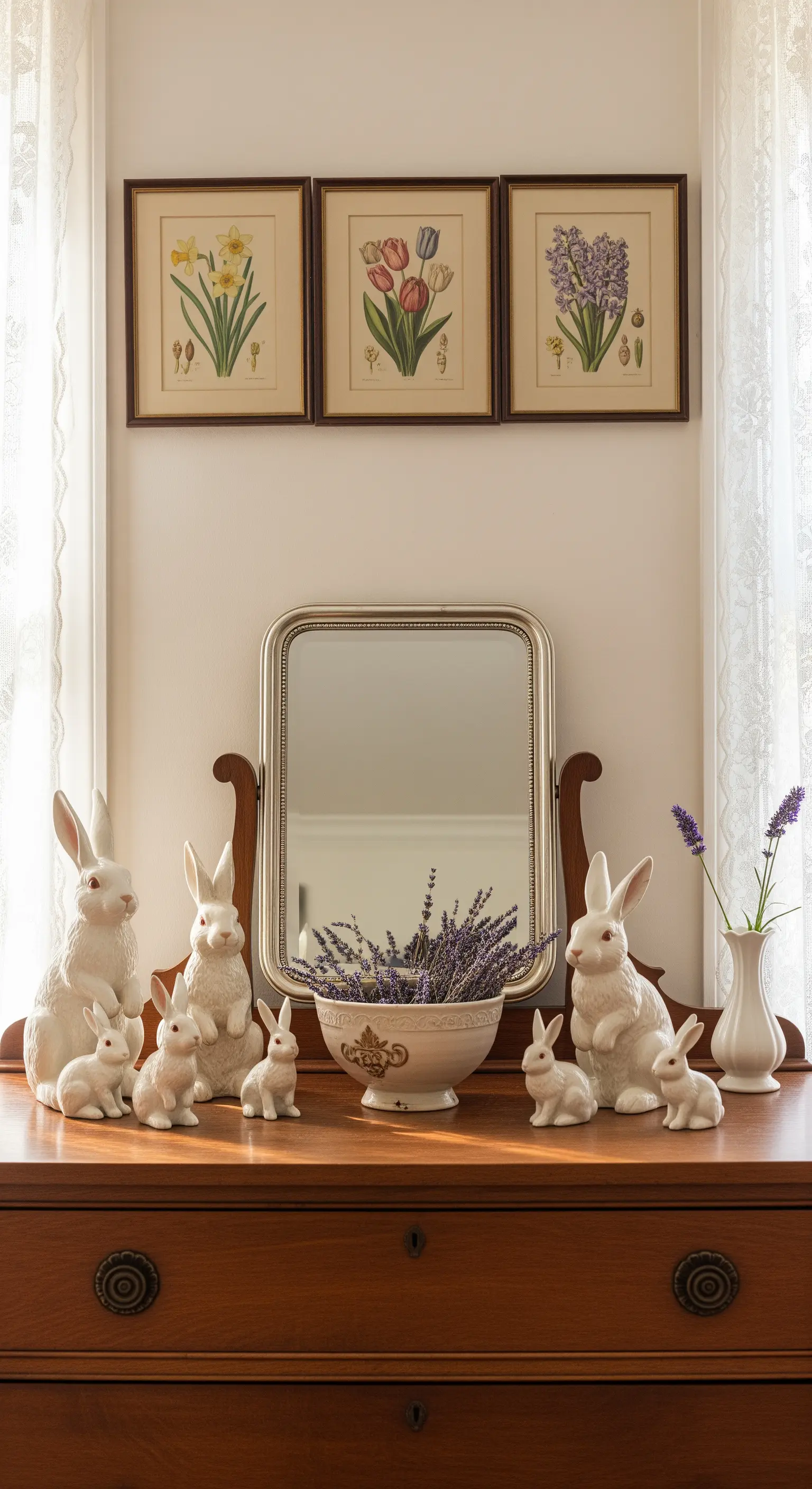 Kommode mit Spiegel, botanischen Bildern, weißer Hasenfamilie und Lavendeldekoration.
