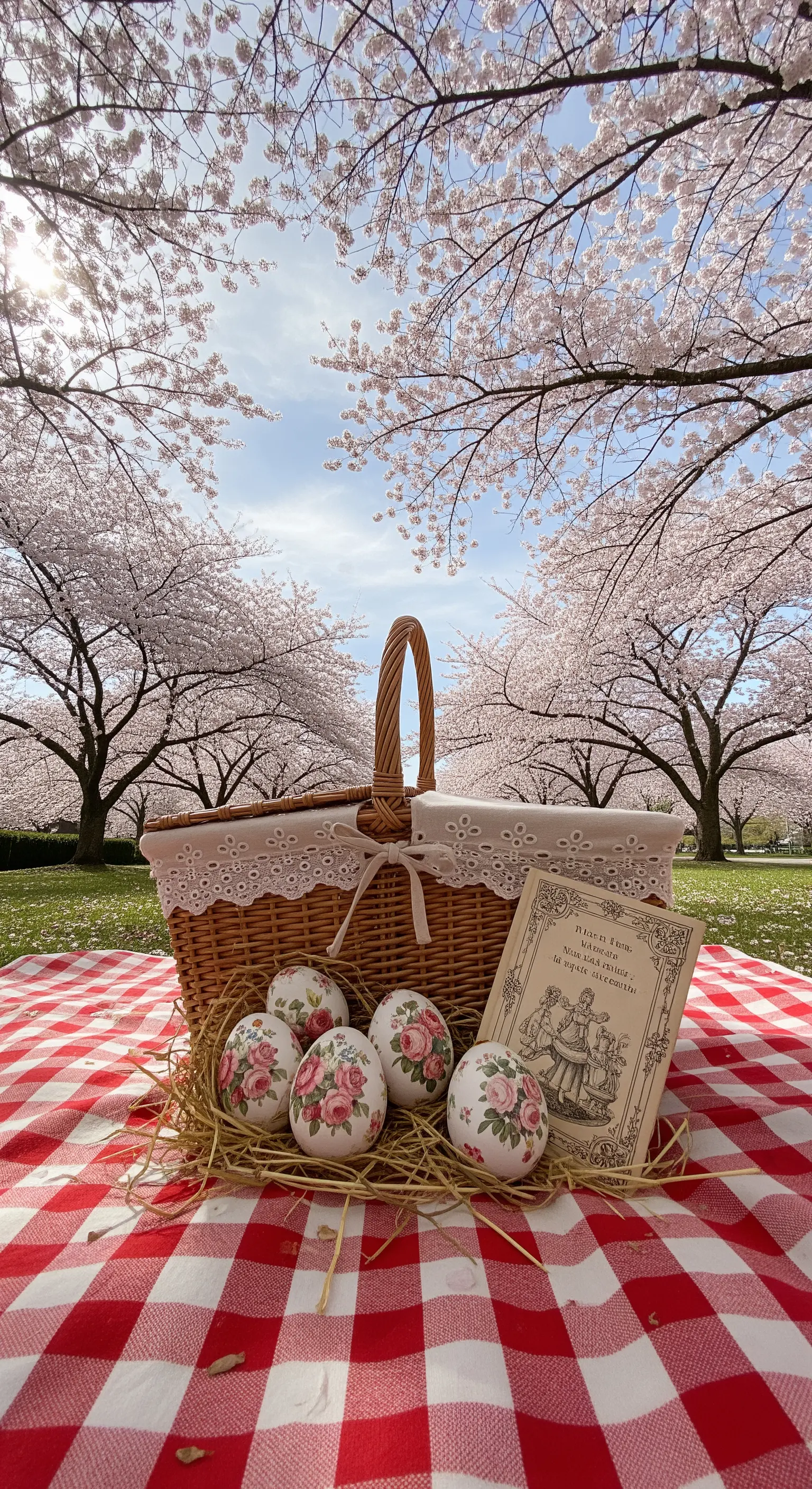 Vintage Osterpicknick mit Weidenkorb, floralen Eiern, Buch und karierter Decke unter Kirschblüten