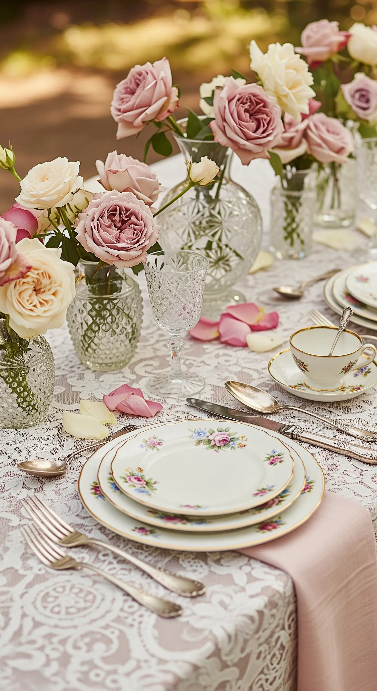 Romantische Vintage-Tischdeko mit Spitze, Rosen und floralem Porzellan.