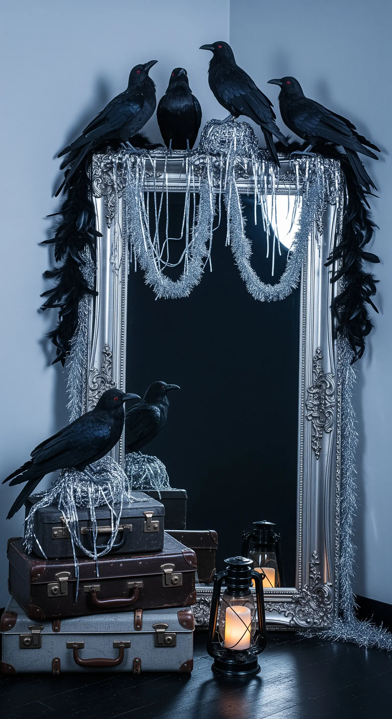 Silberner Barockspiegel mit Raben, Lametta und Vintage-Koffern