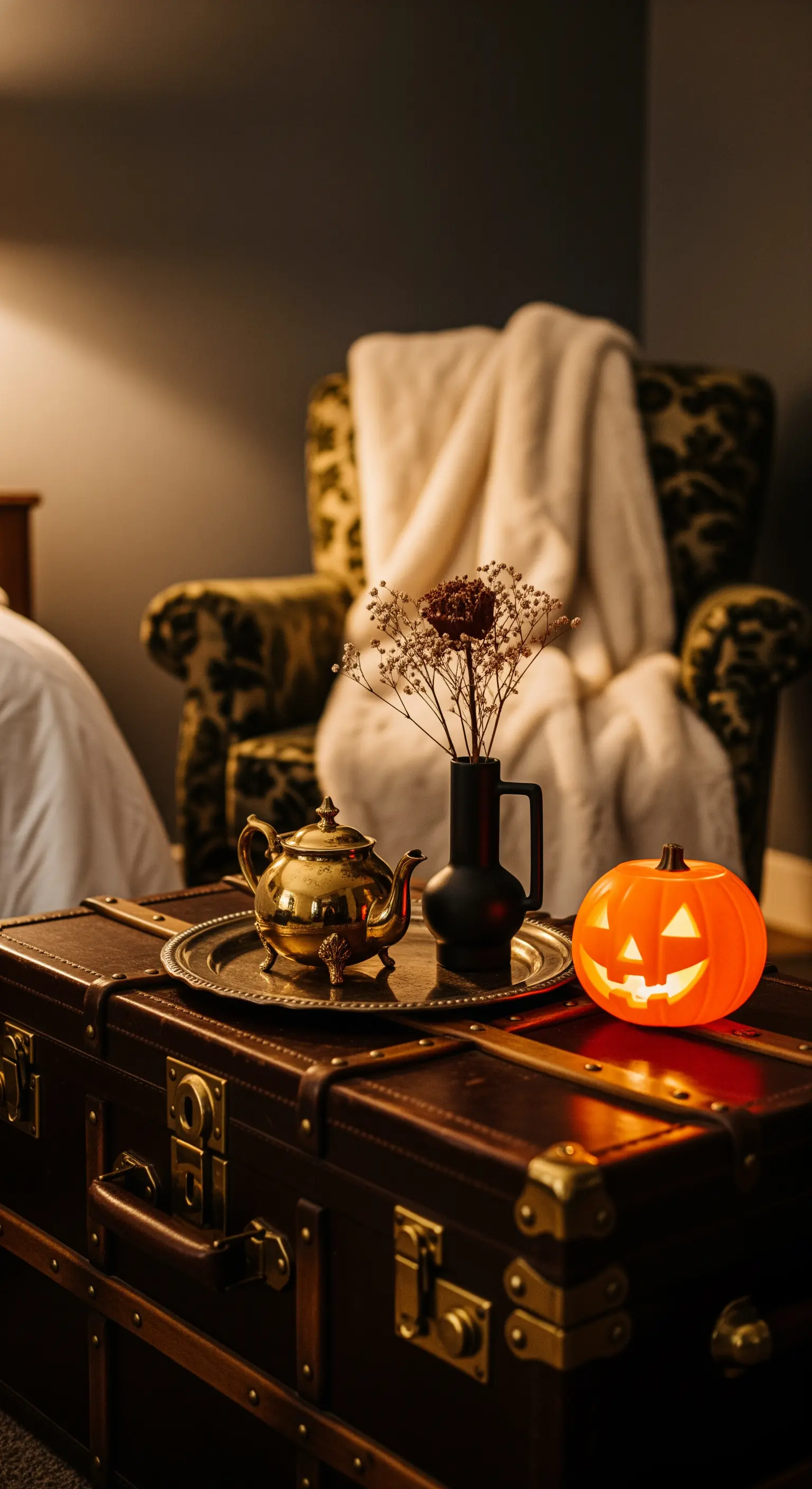 Vintage Reisekoffer als Tisch mit goldener Teekanne, Vase und leuchtendem Kürbis