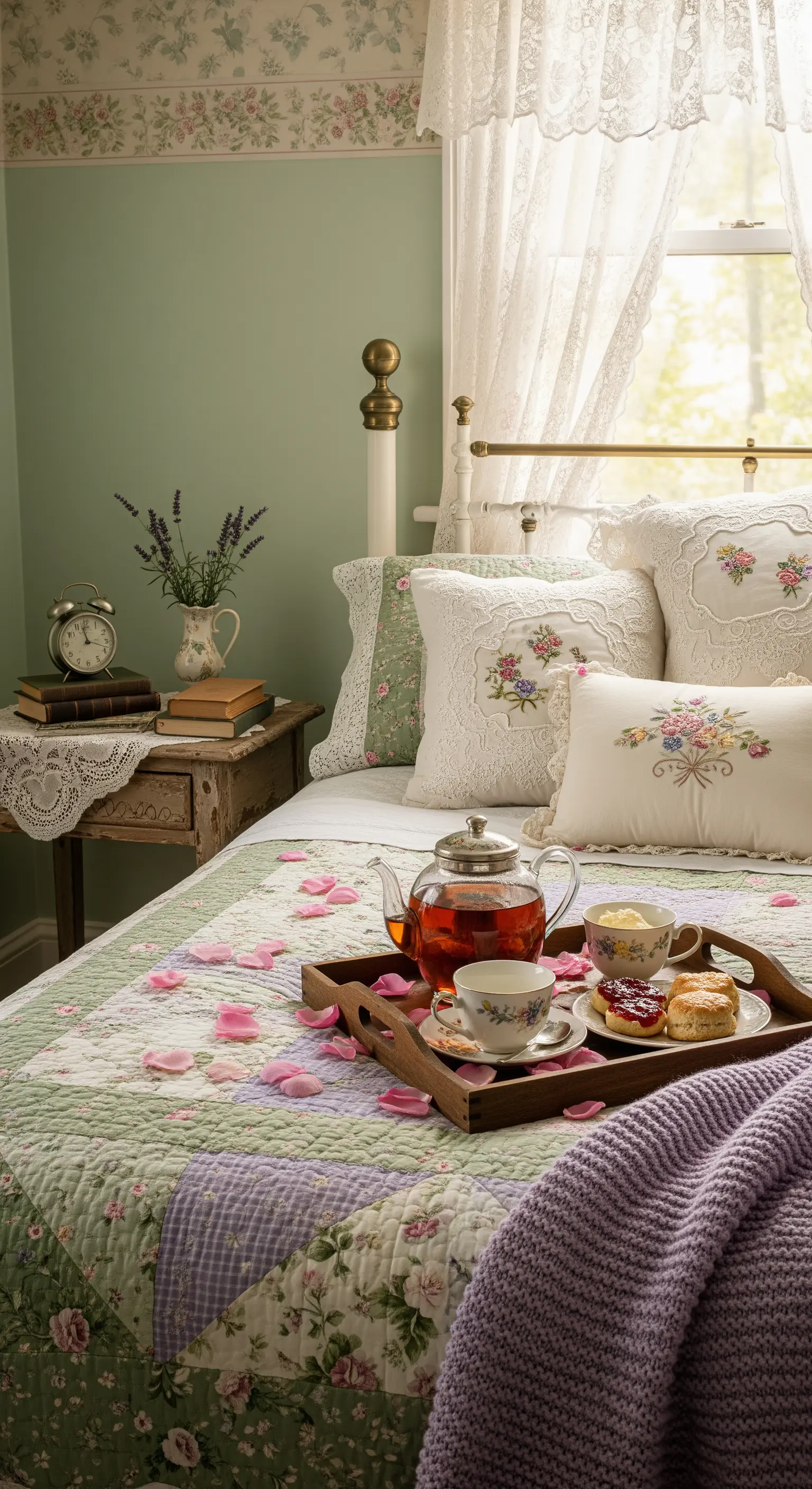 Vintage-Frühstück mit Blumendruck-Bettwäsche, Teekanne, Scones und Rosenblättern