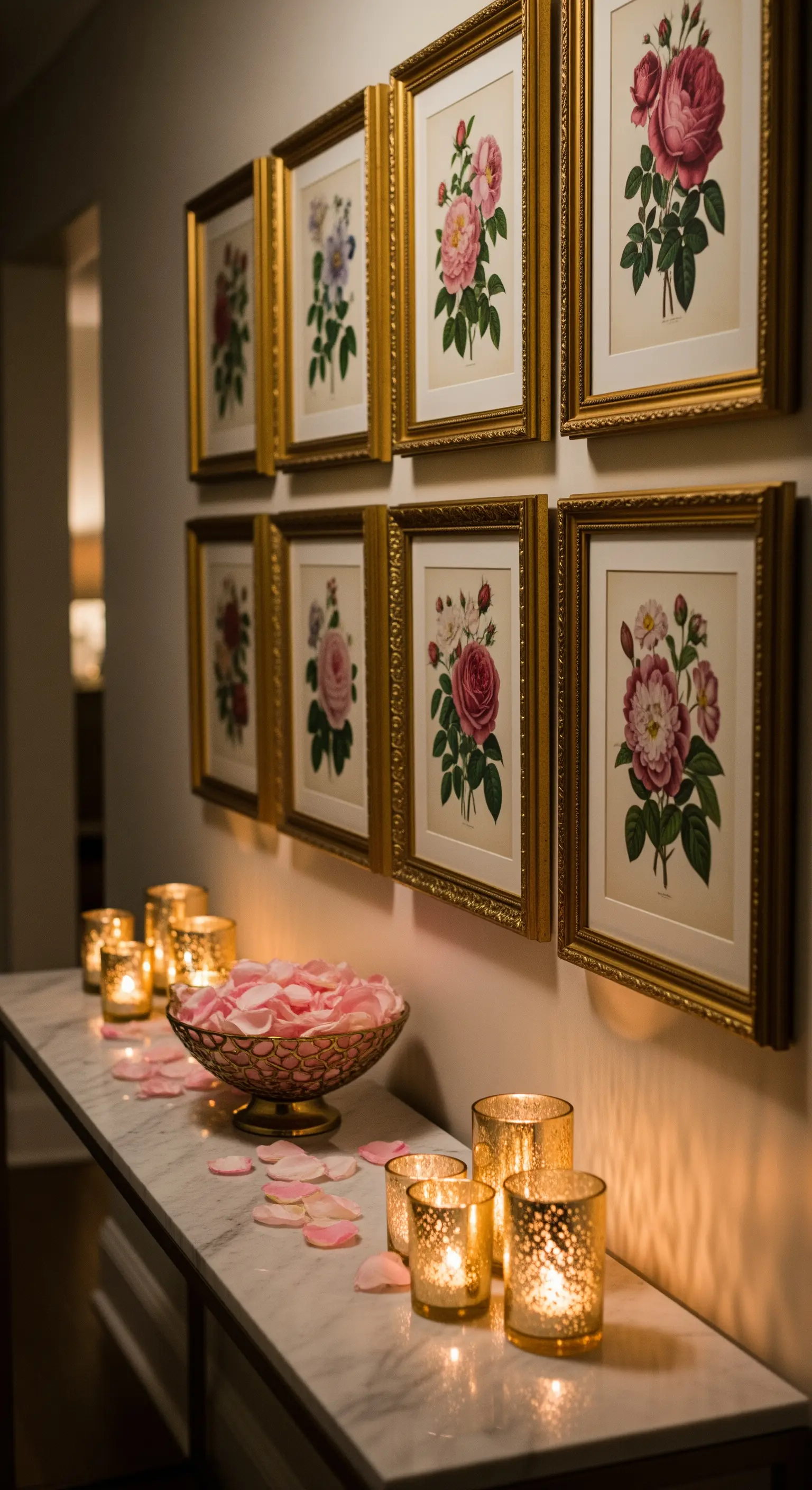 Galerie wand mit botanischen Rosenbildern, Marmorkonsole, Kerzen und Rosenblättern.