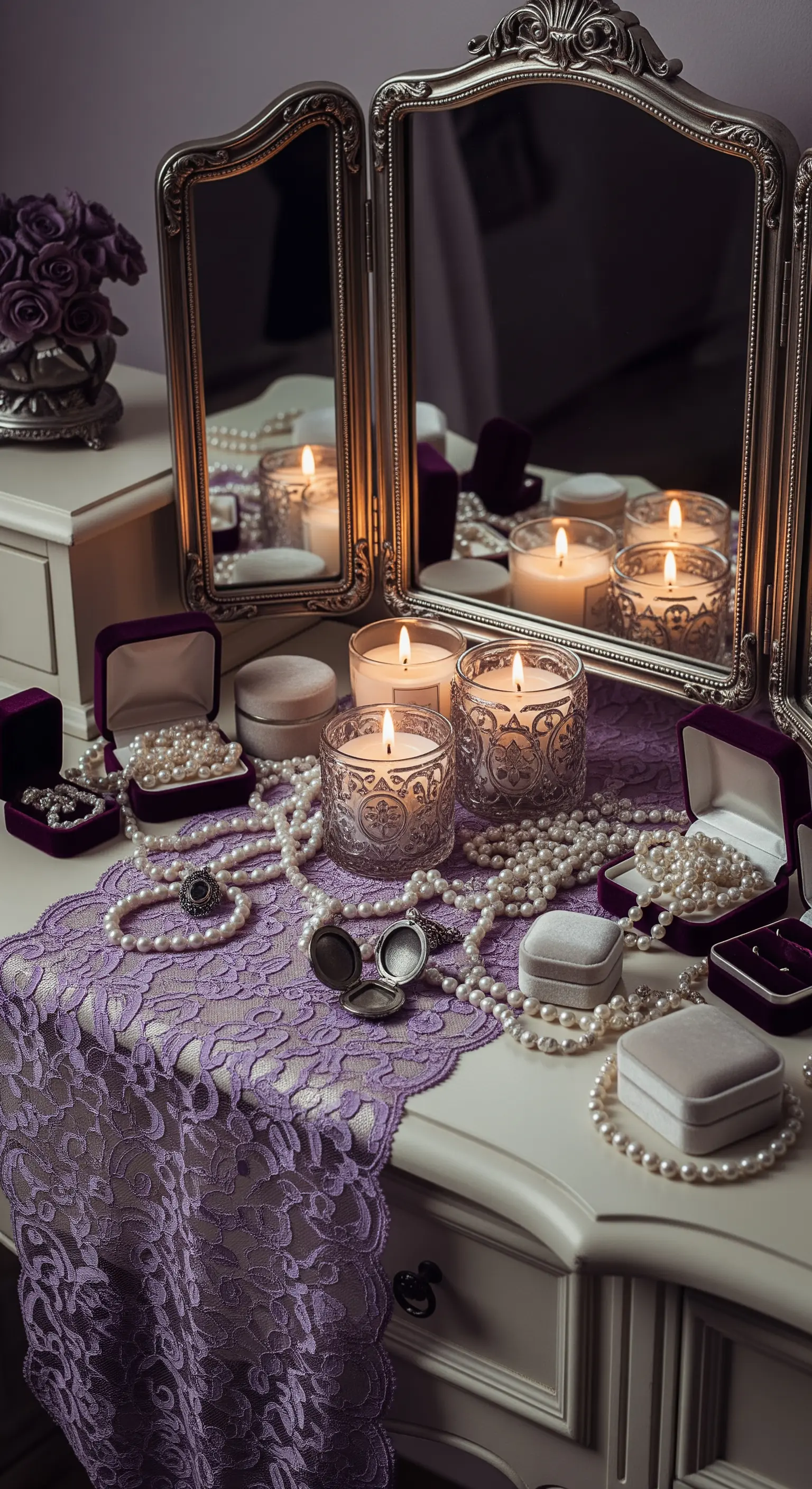 Schminktisch mit Vintage-Spiegeln, Perlenketten und Kerzengläsern
