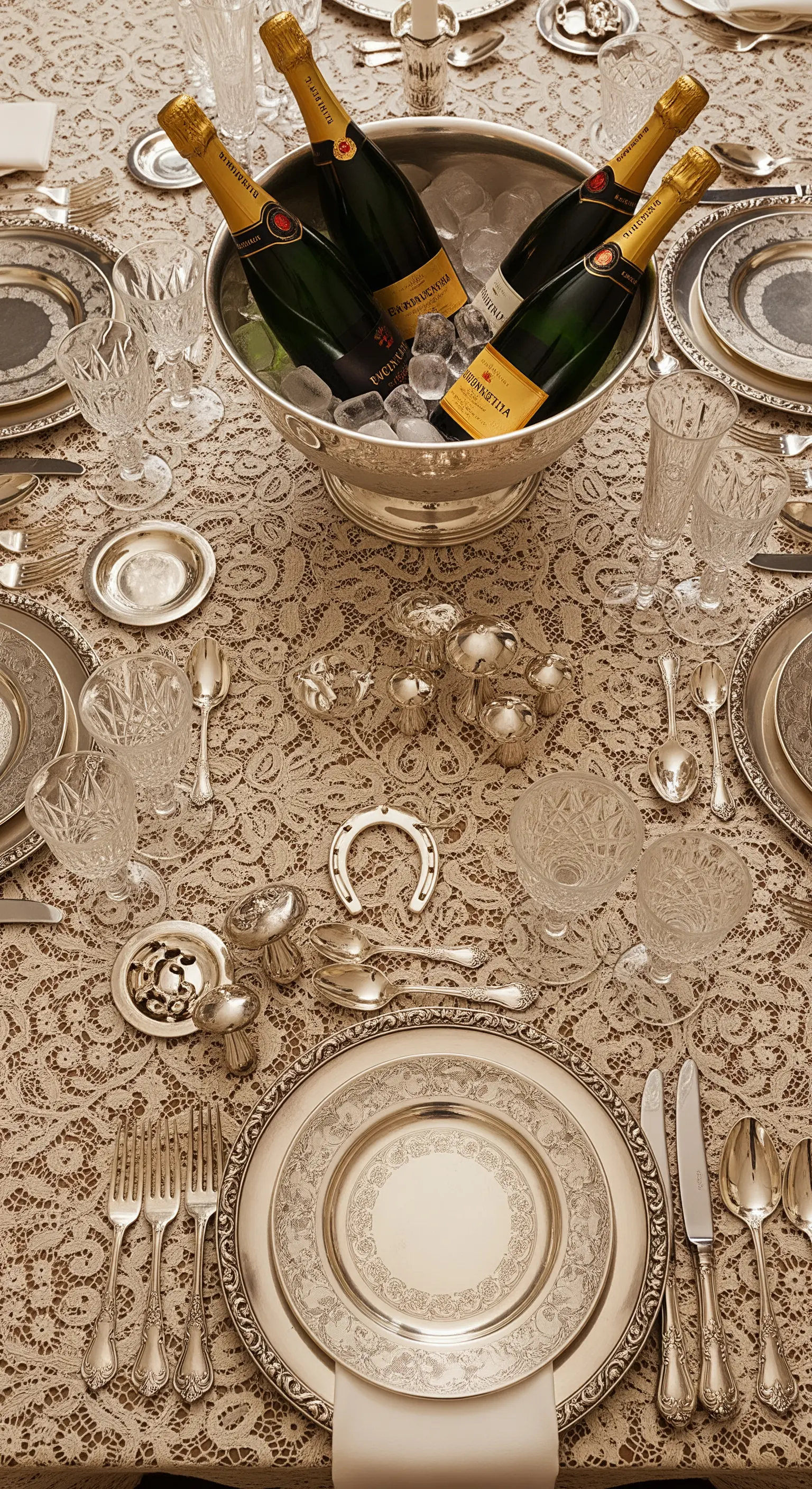 Festlich gedeckter Tisch mit Spitzendecke, Silbergeschirr und Champagner