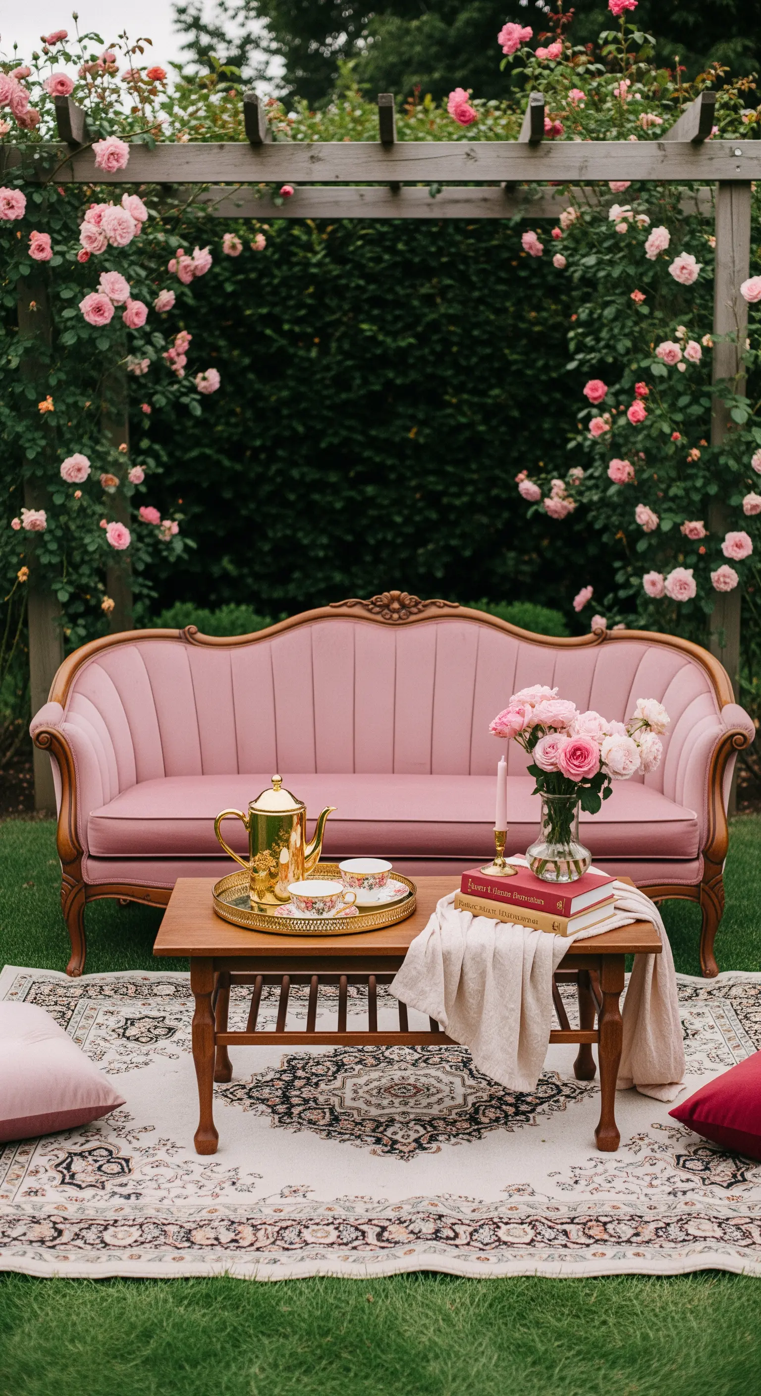 Rosa Vintage-Sofa auf Teppich im Rasen mit Teetisch und Rosenstrauß